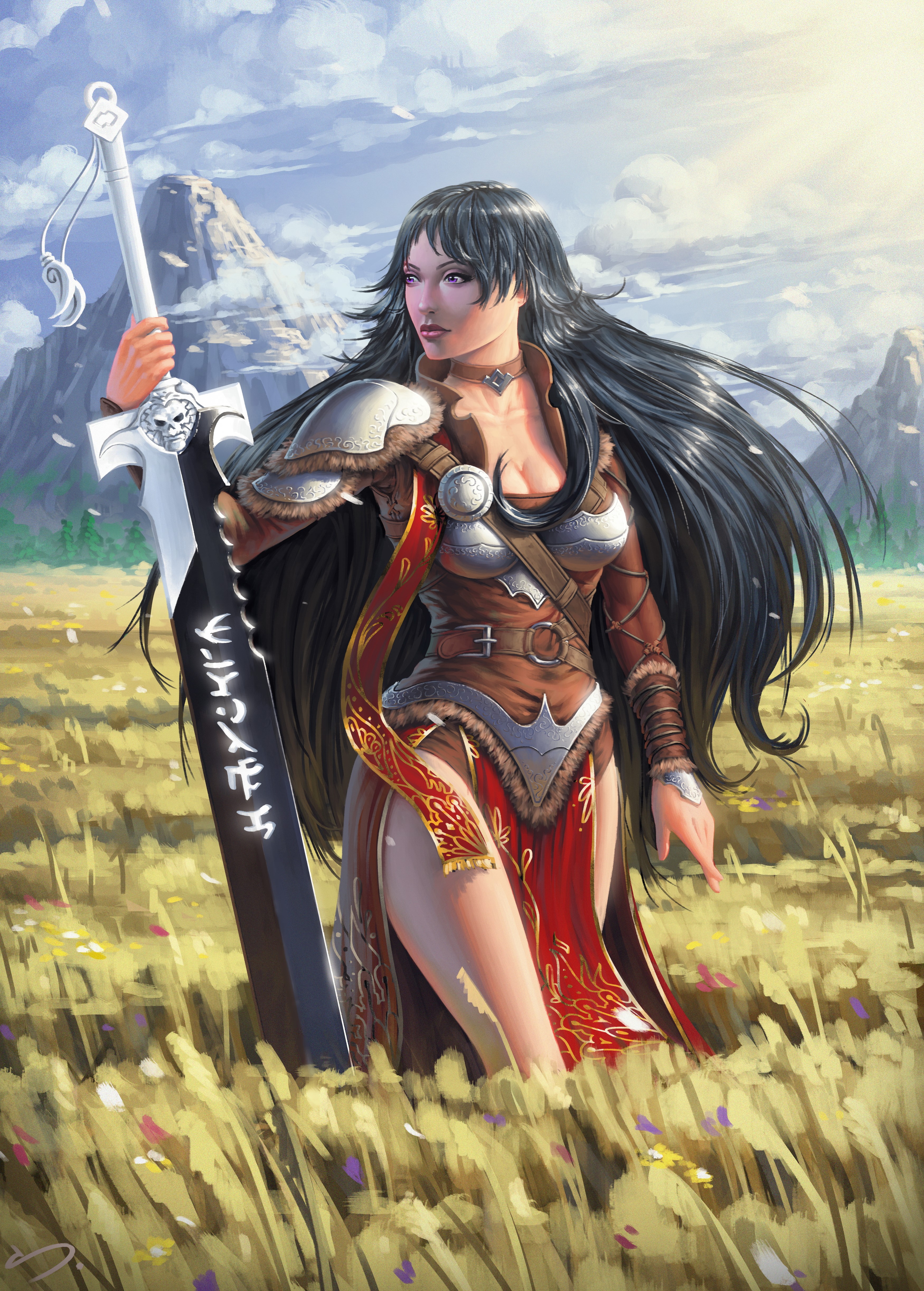 Warrior woman with a sword in a field HD Phone Wallpaper