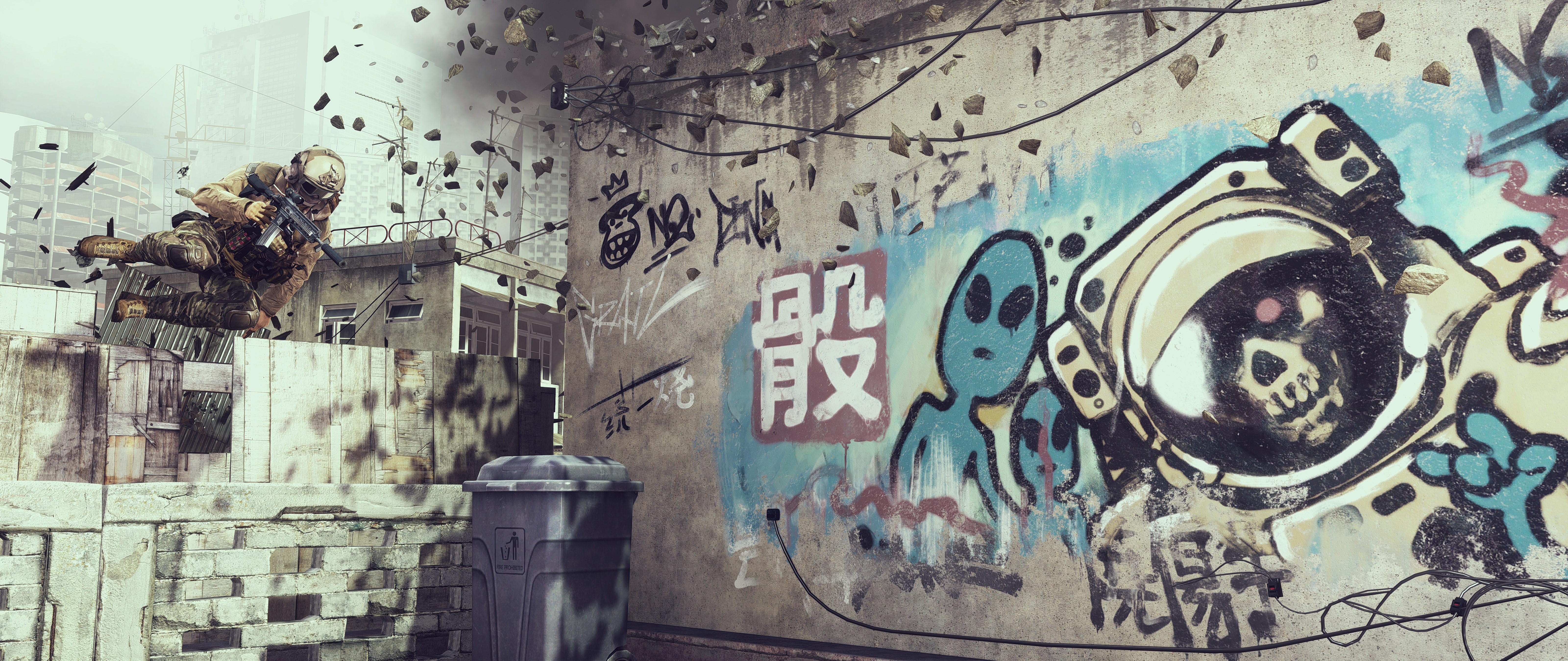 Soldier jumping over wall with graffiti HD Wallpaper