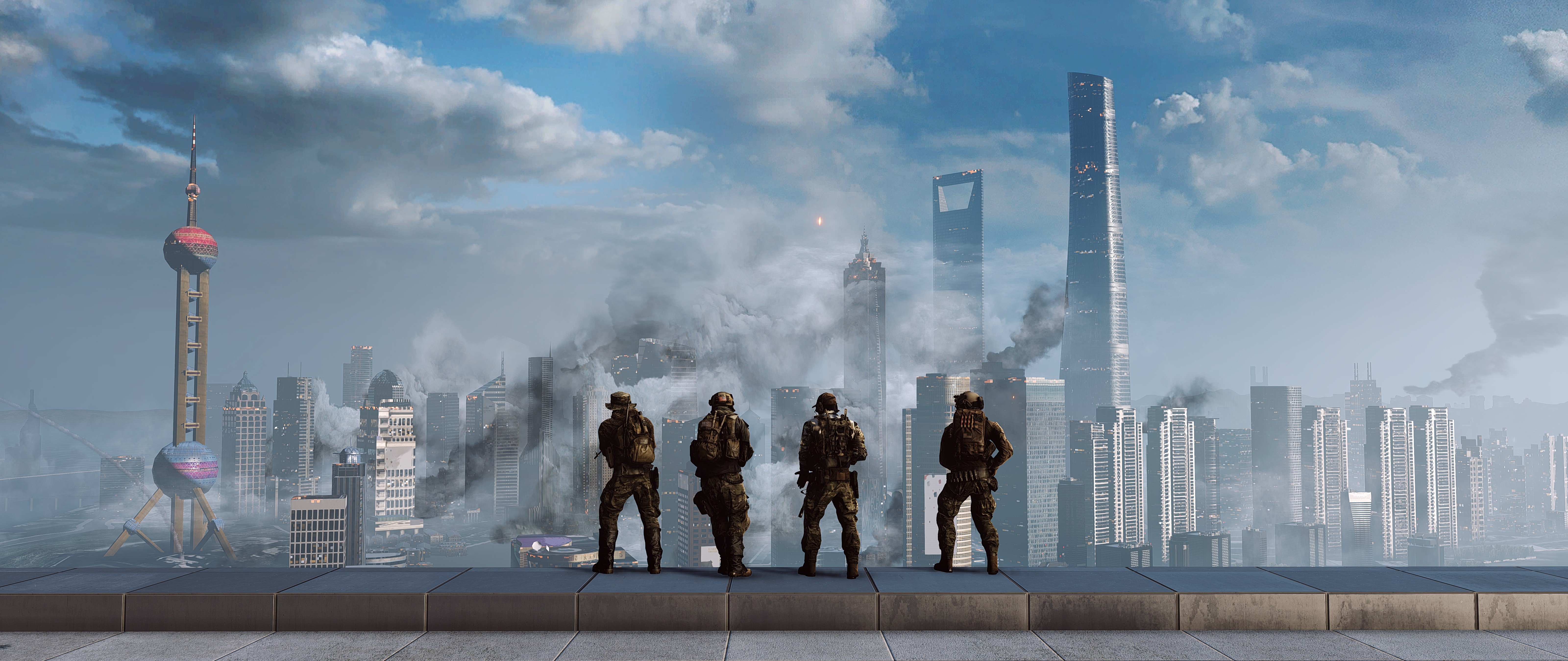 Battlefield 4 soldiers overlooking a war-torn city HD Wallpaper