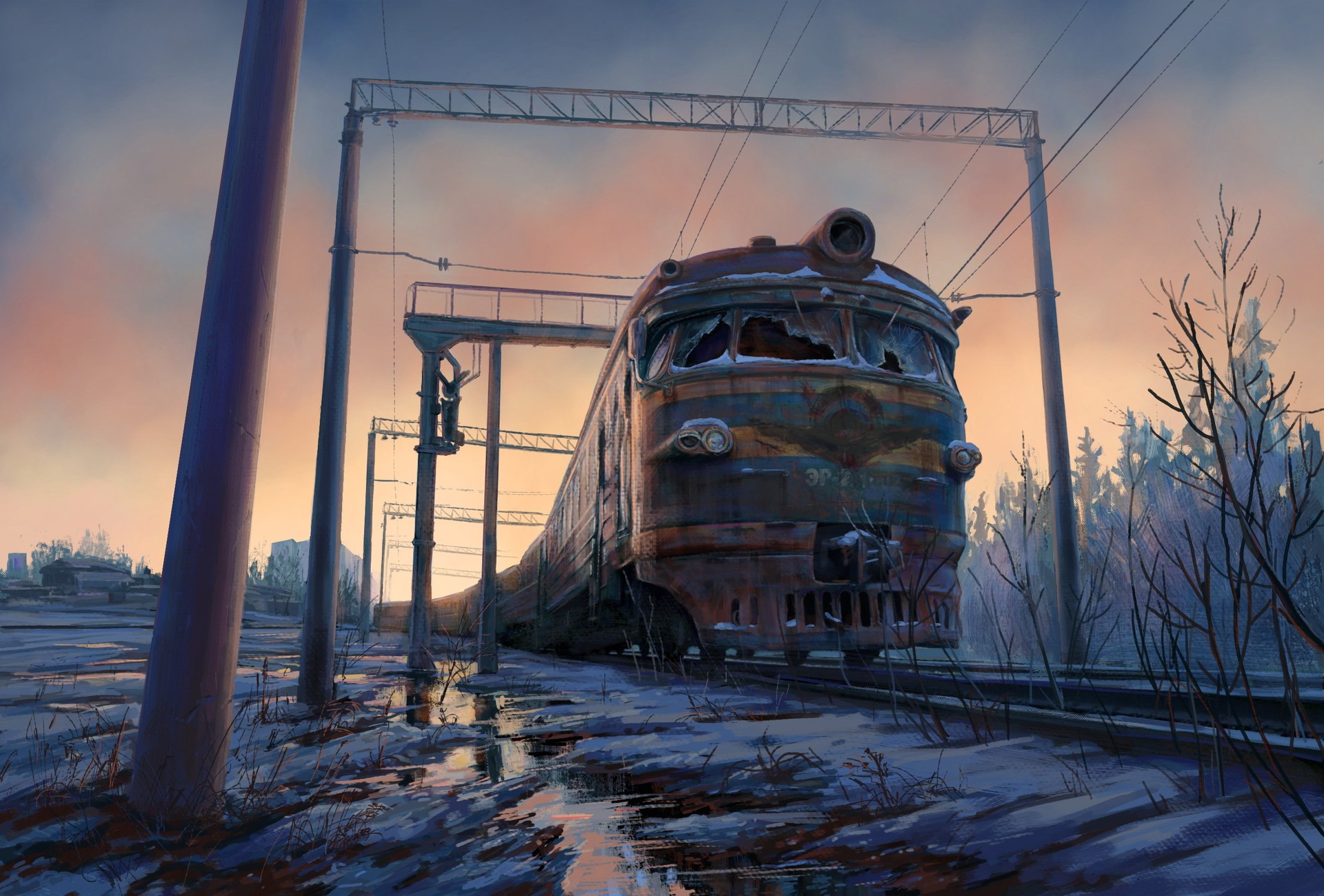Abandoned Rusty Train in Post-Apocalyptic Landscape HD Wallpaper