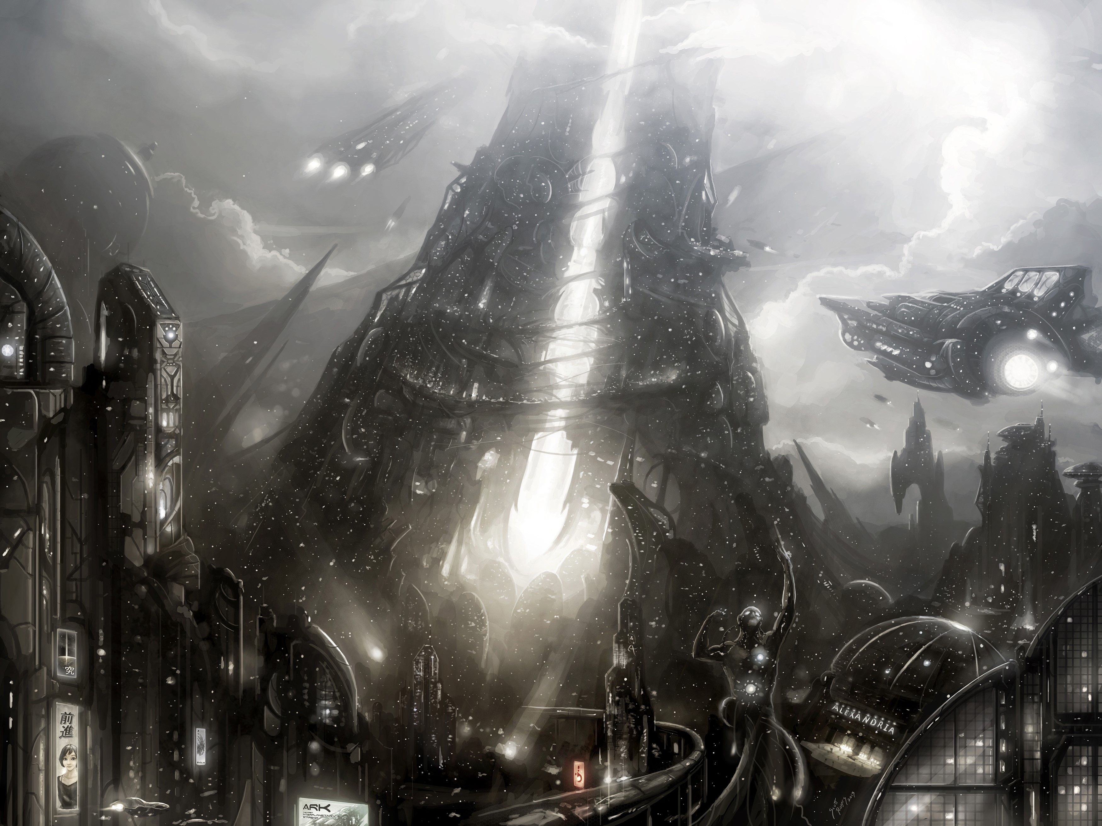 Futuristic city with flying vehicles and towering structures HD Wallpaper