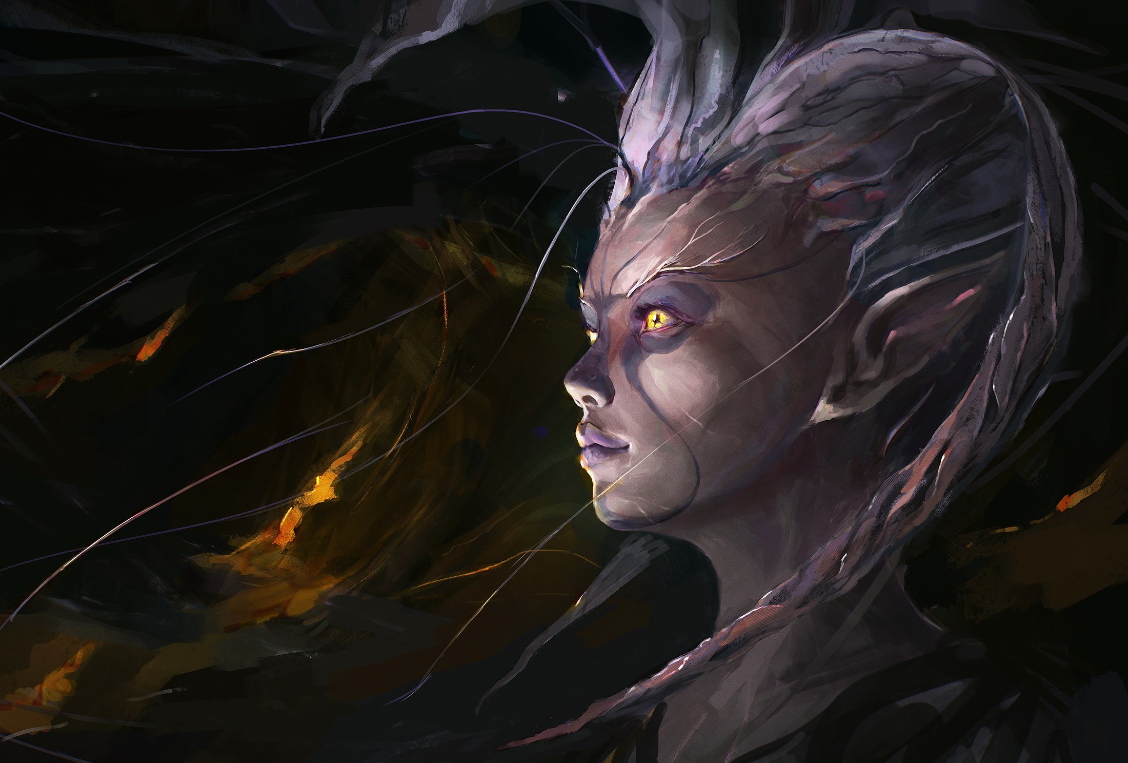 Portrait of a supernatural being with glowing yellow eyes HD Wallpaper