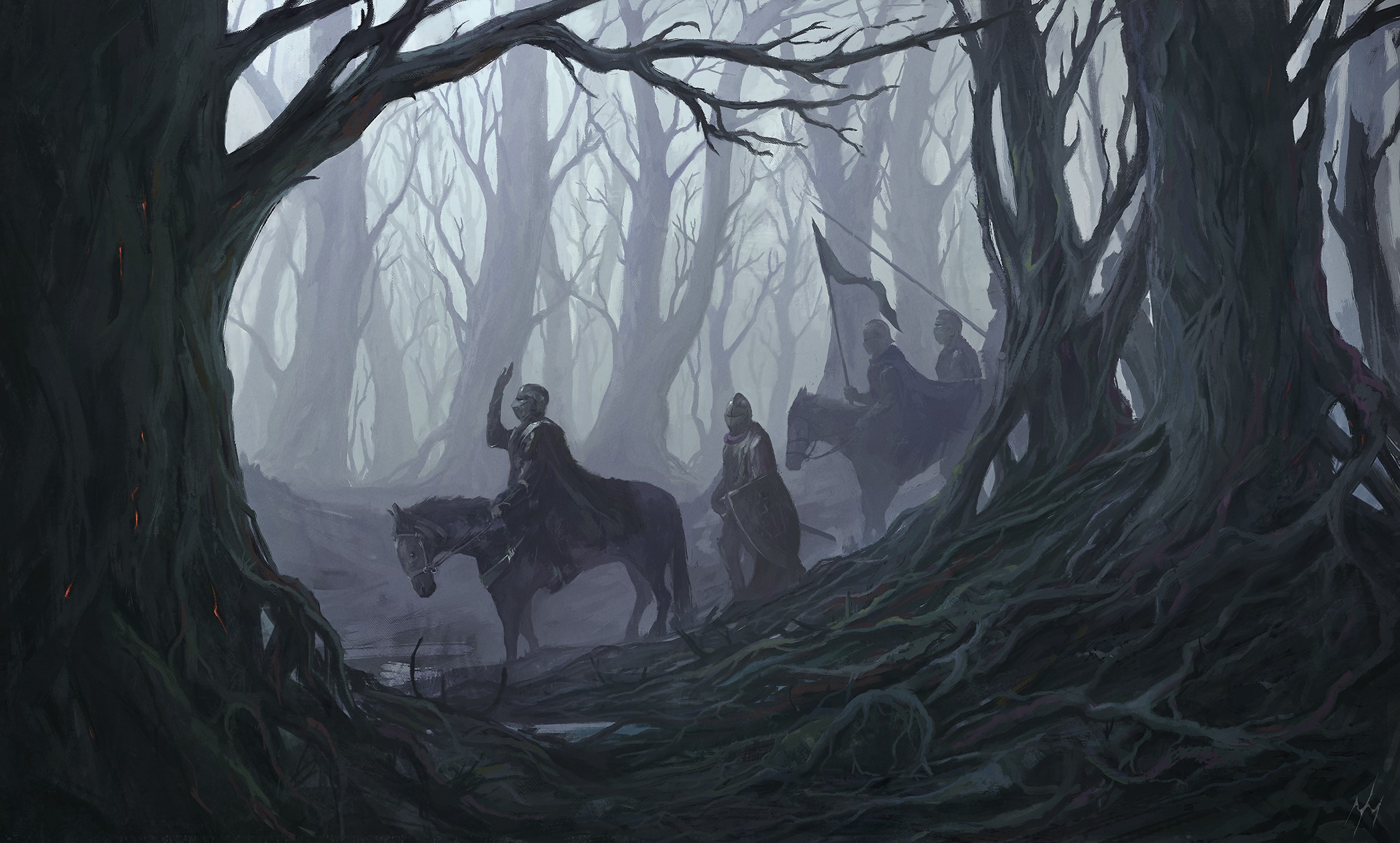 Warriors on horseback in a dark, misty forest HD Wallpaper