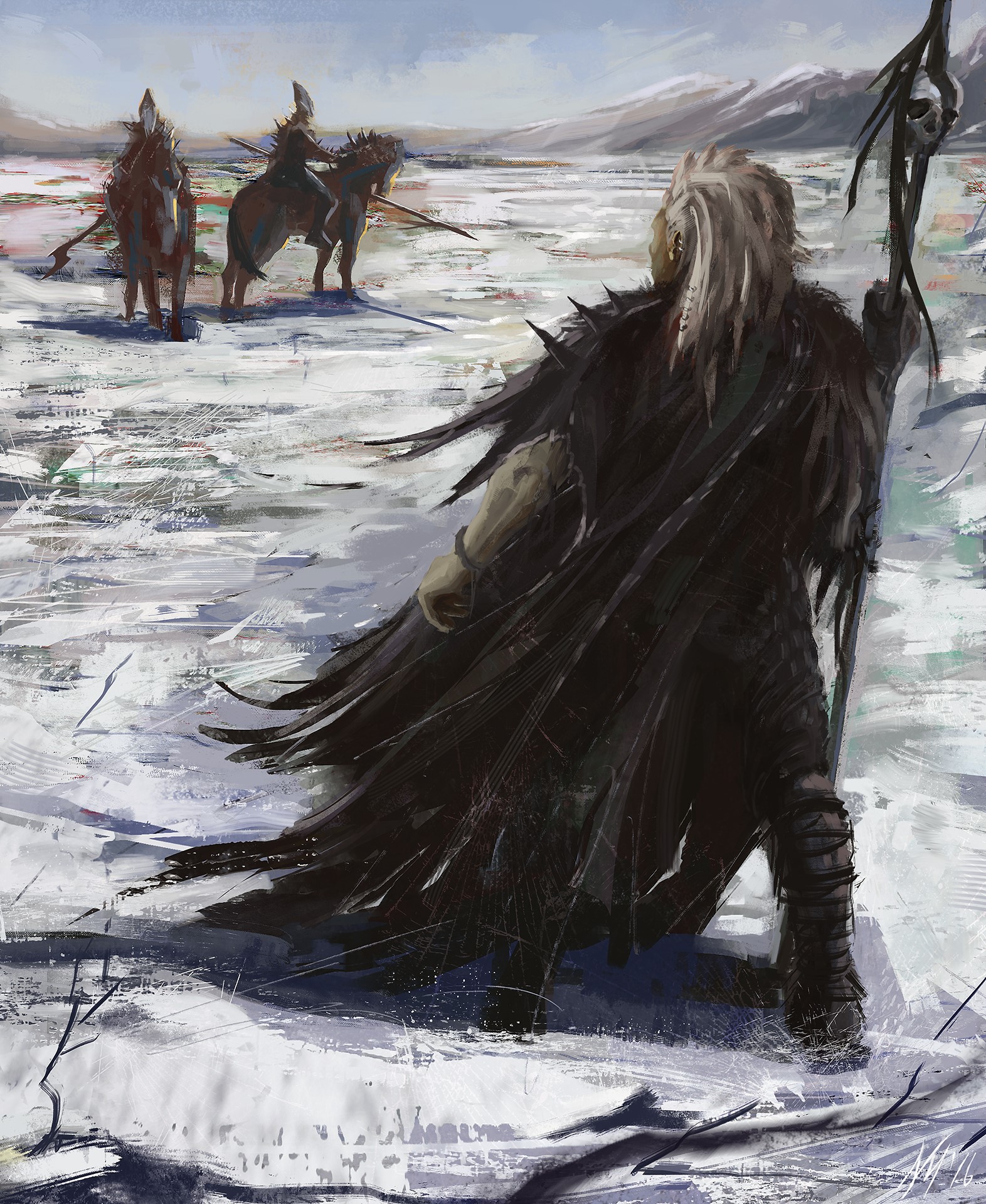 Warriors in cloaks on a snowy landscape HD Phone Wallpaper