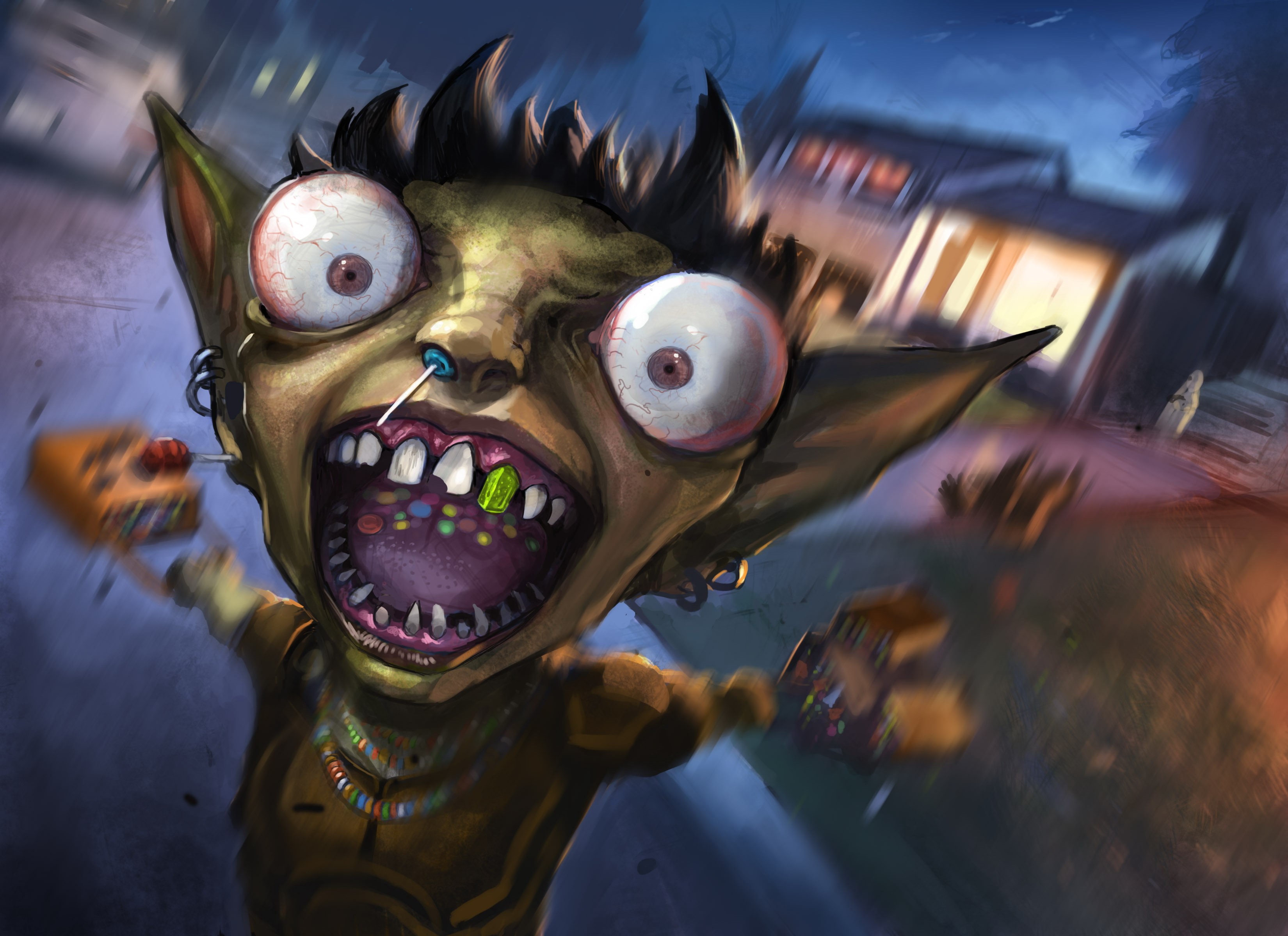 A goblin screaming with candy and trick-or-treat bags HD Wallpaper