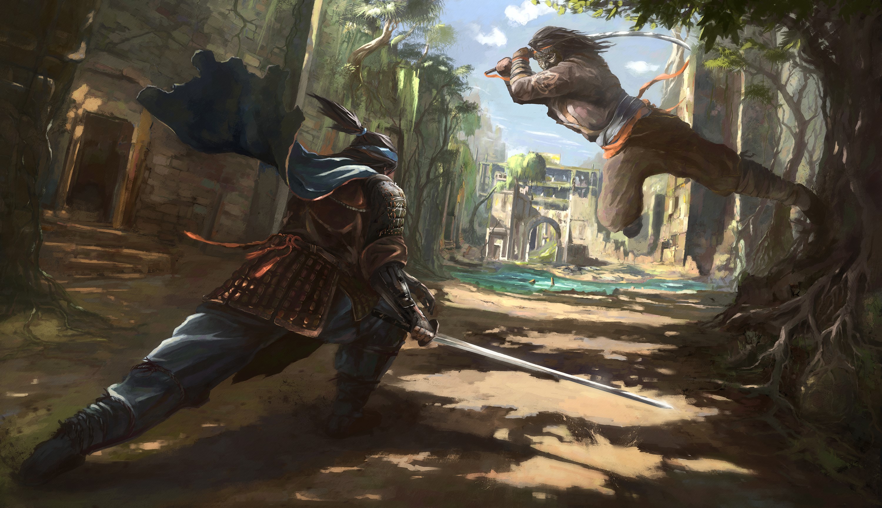 Two warriors in armor fighting with swords in ancient ruins HD Wallpaper