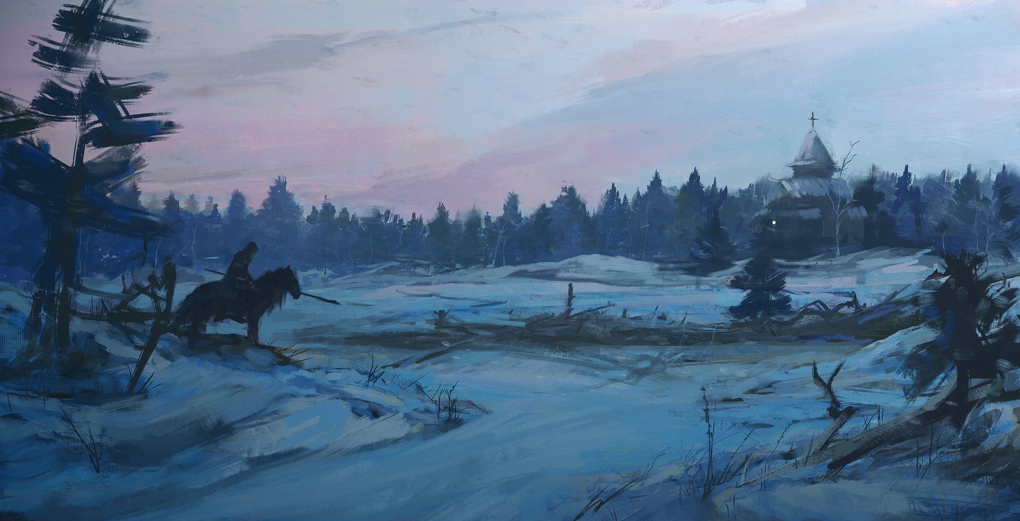 Warrior on horseback in a snowy landscape with a church HD Wallpaper