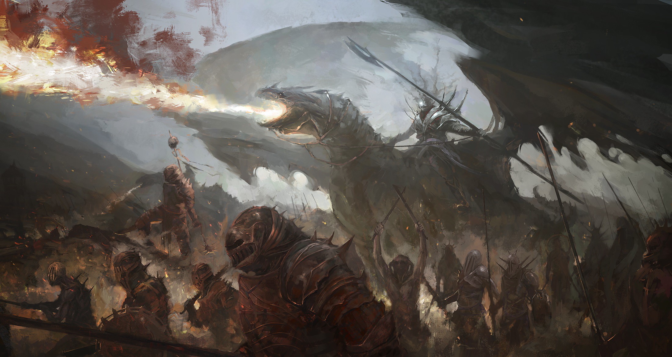 Dragon breathing fire over an army of armored warriors HD Wallpaper