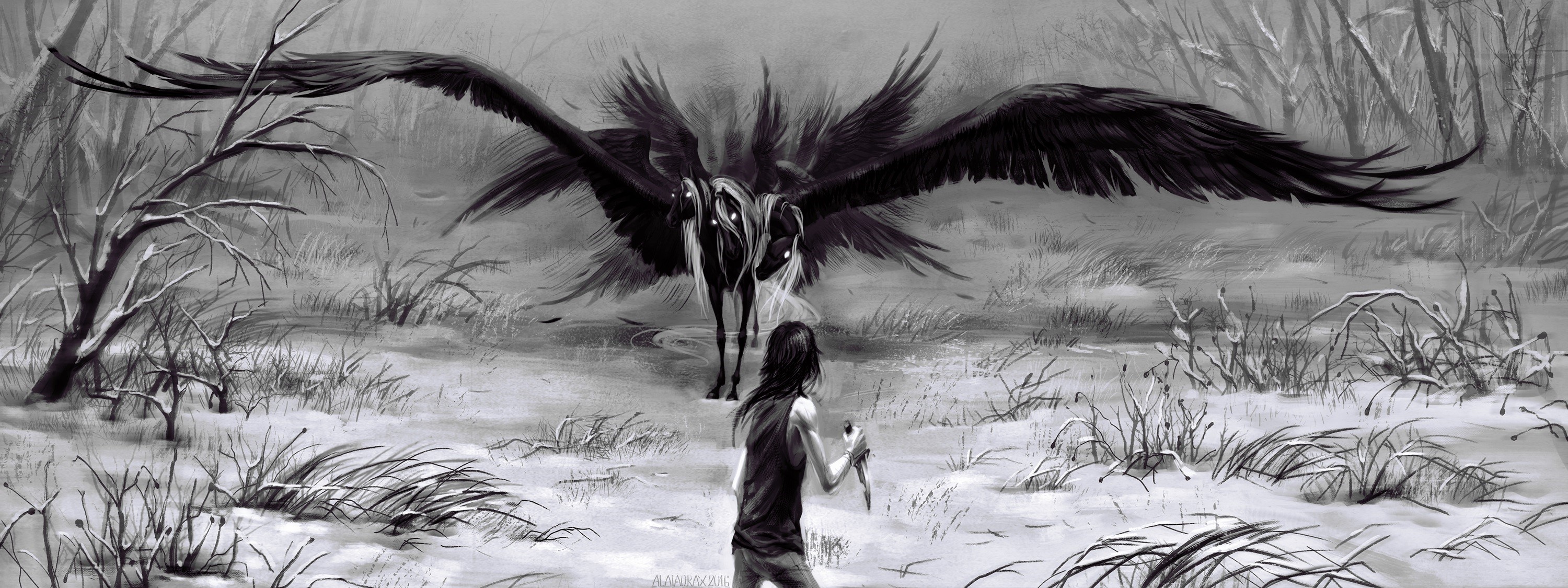 A winged creature confronts a person in a snowy forest HD Wallpaper