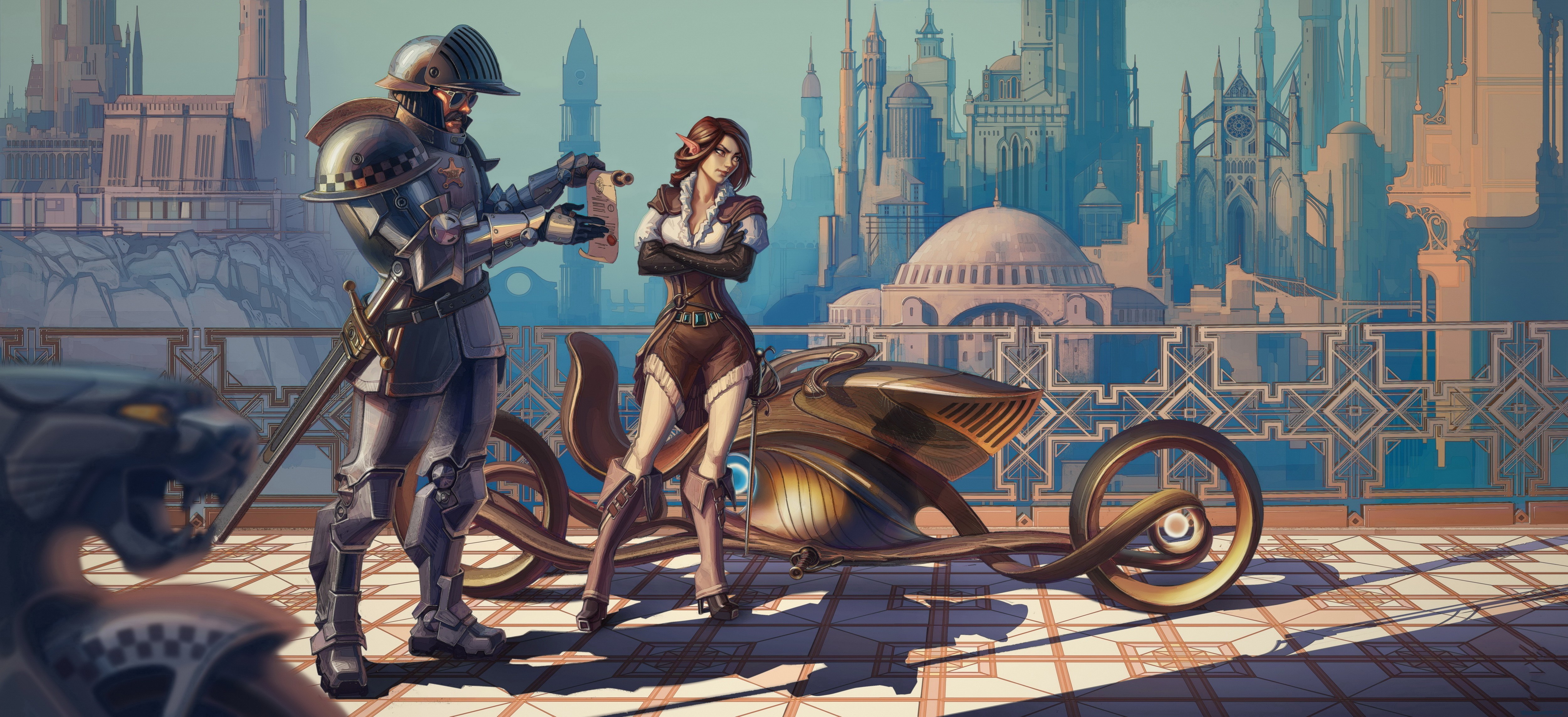 Knight and woman with steampunk vehicle in fantasy city HD Wallpaper