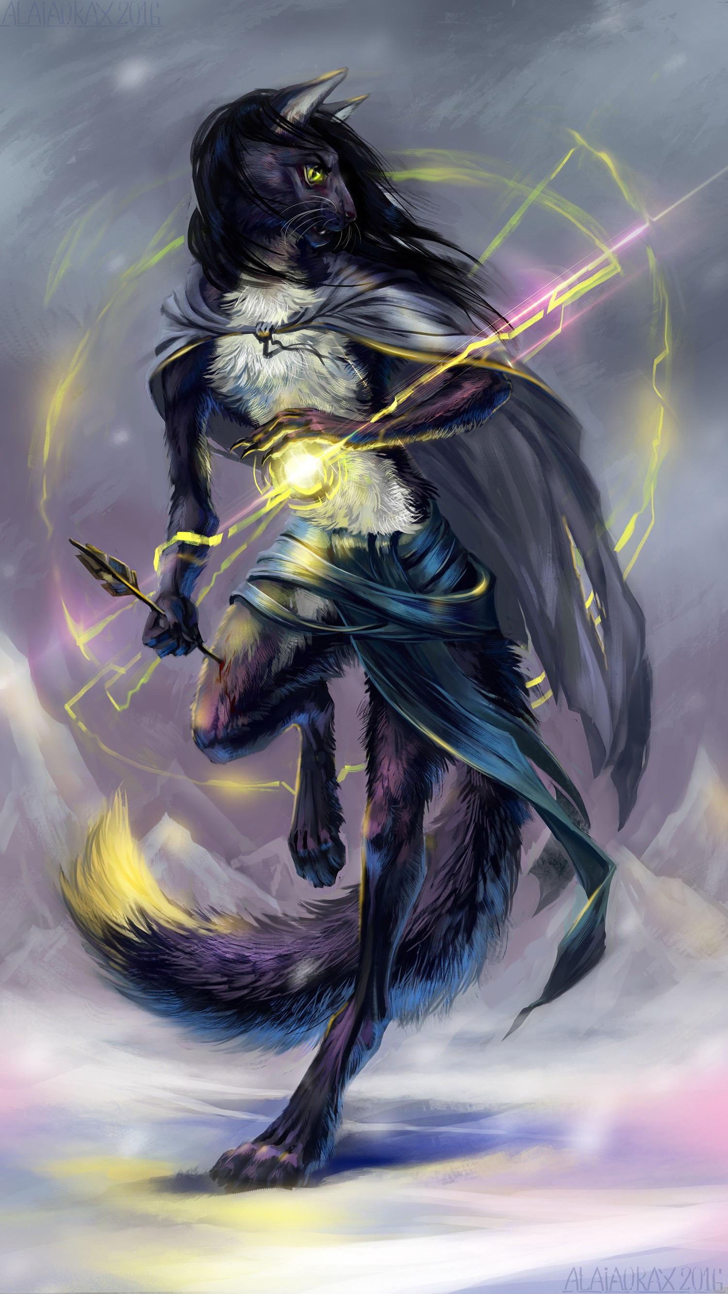 Anthropomorphic wolf casting magic in a snowy landscape HD Phone Wallpaper