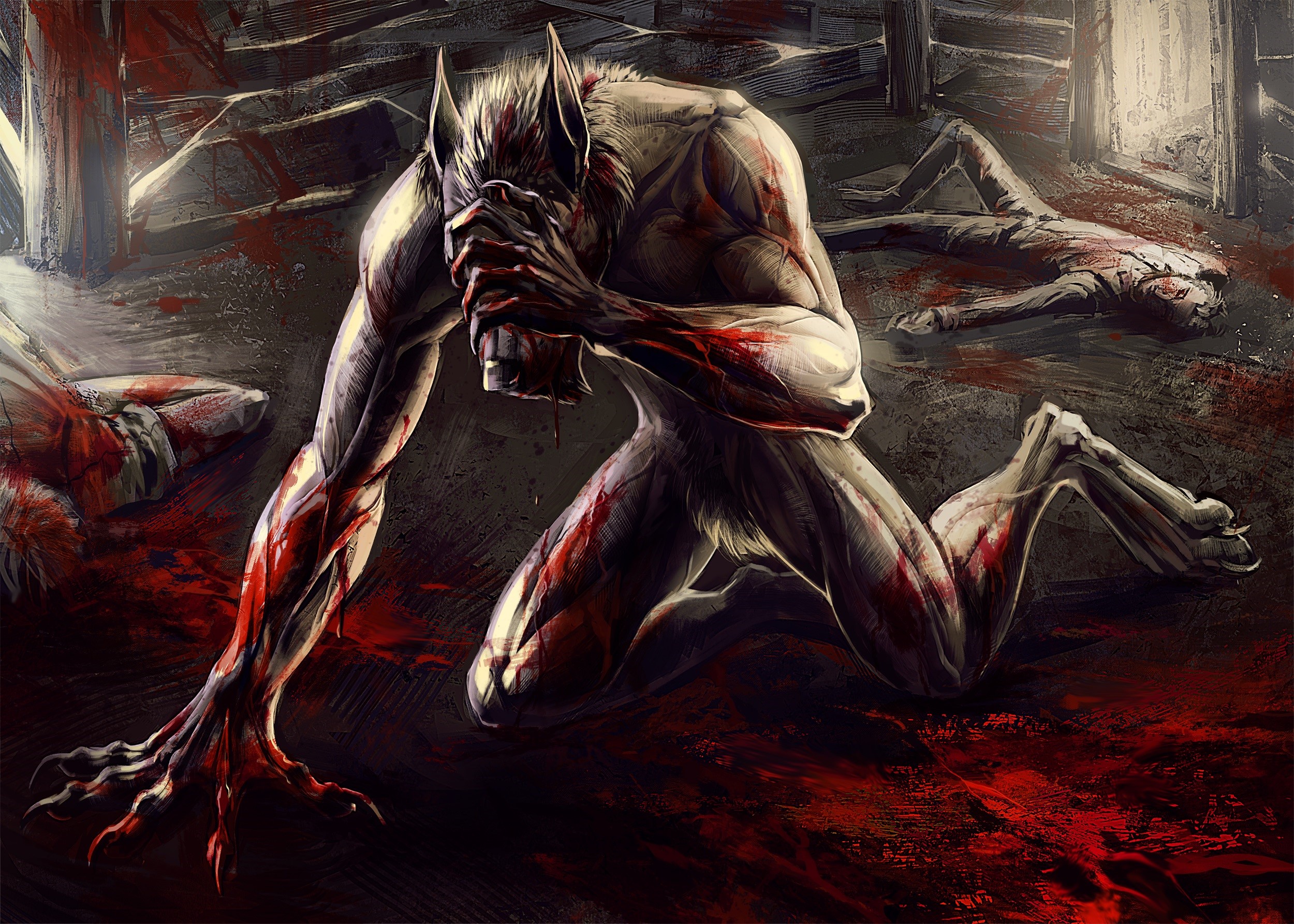 Werewolf in a bloody room with corpses HD Wallpaper