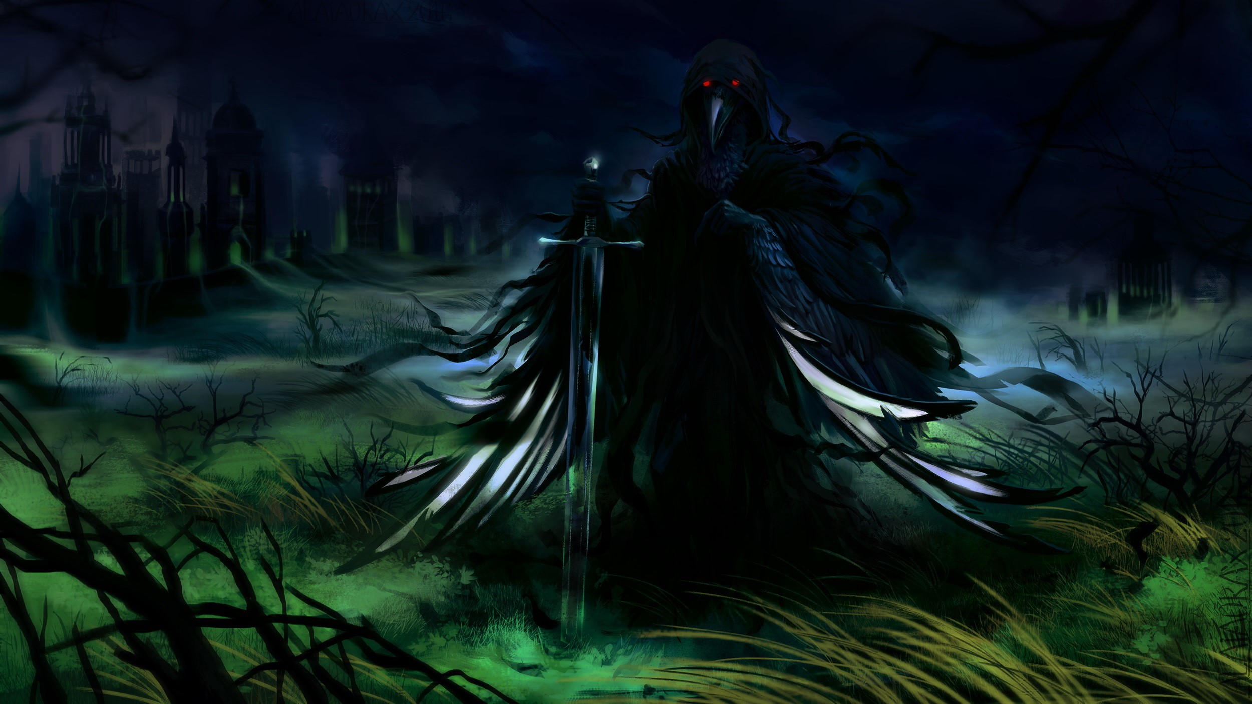 Dark figure with sword in a gothic landscape HD Wallpaper