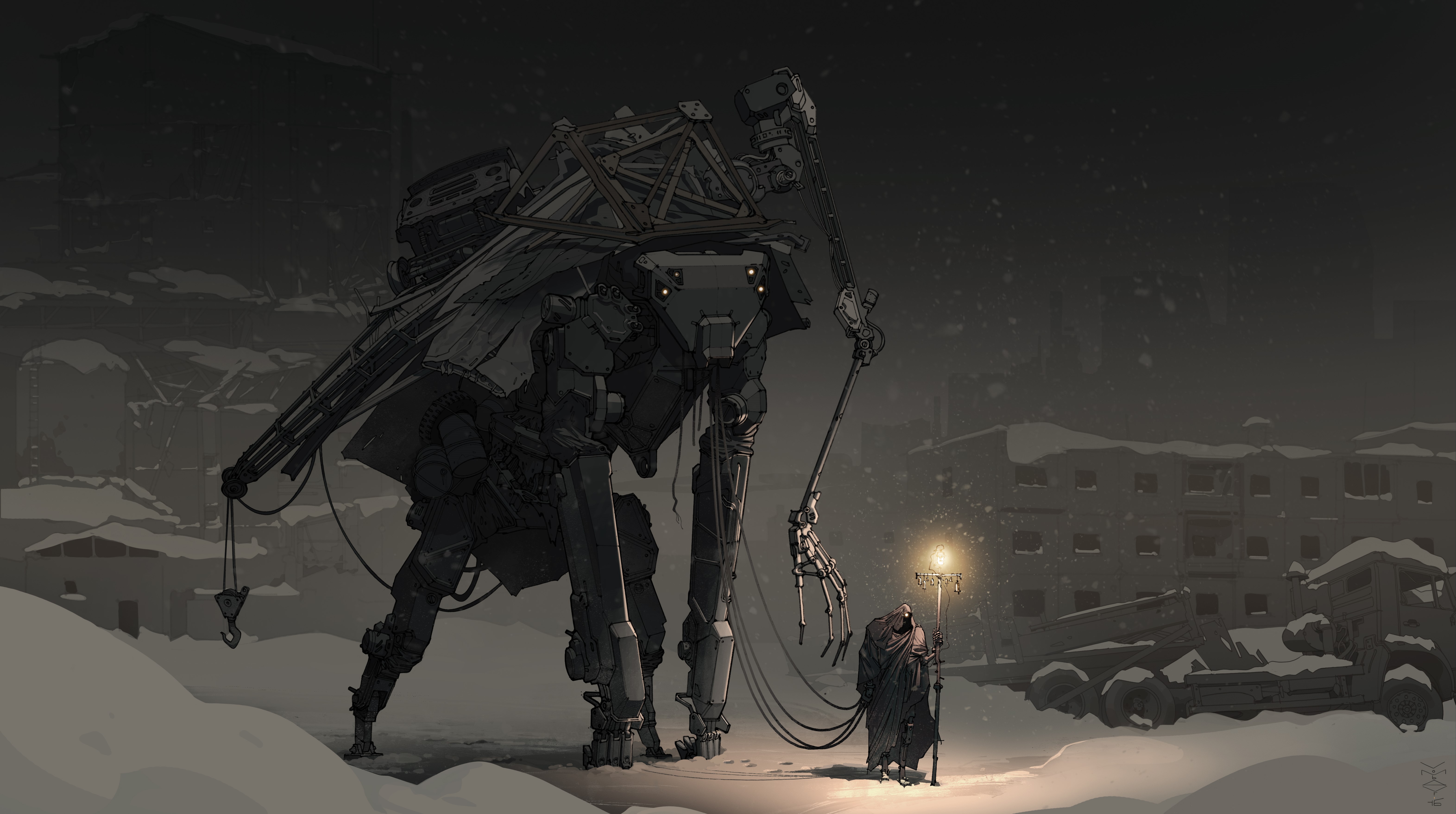 Winter Robot in a Snowy Post-Apocalyptic City HD Wallpaper