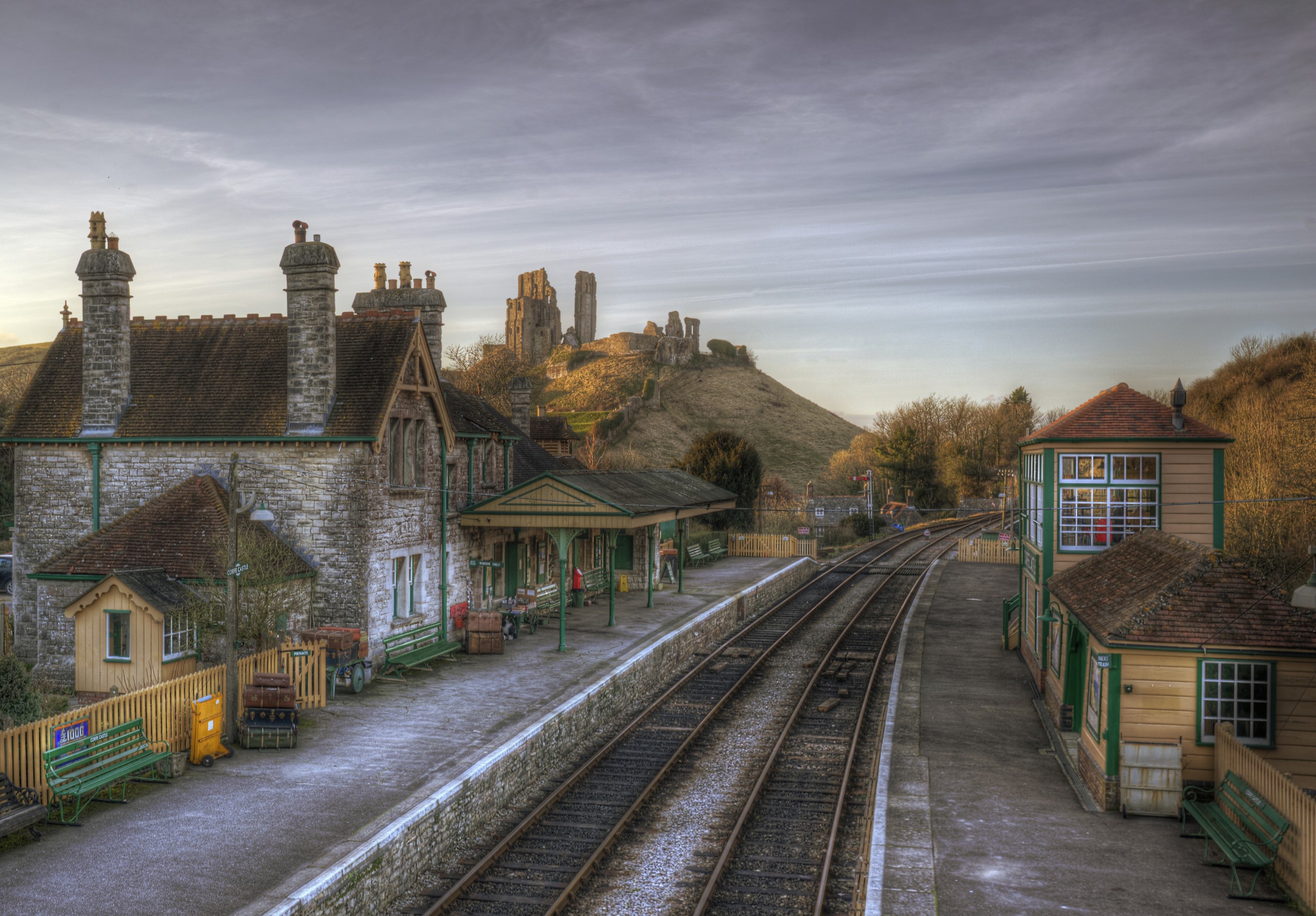 Corfe Castle Station, England, Railroads, HDR HD Wallpaper
