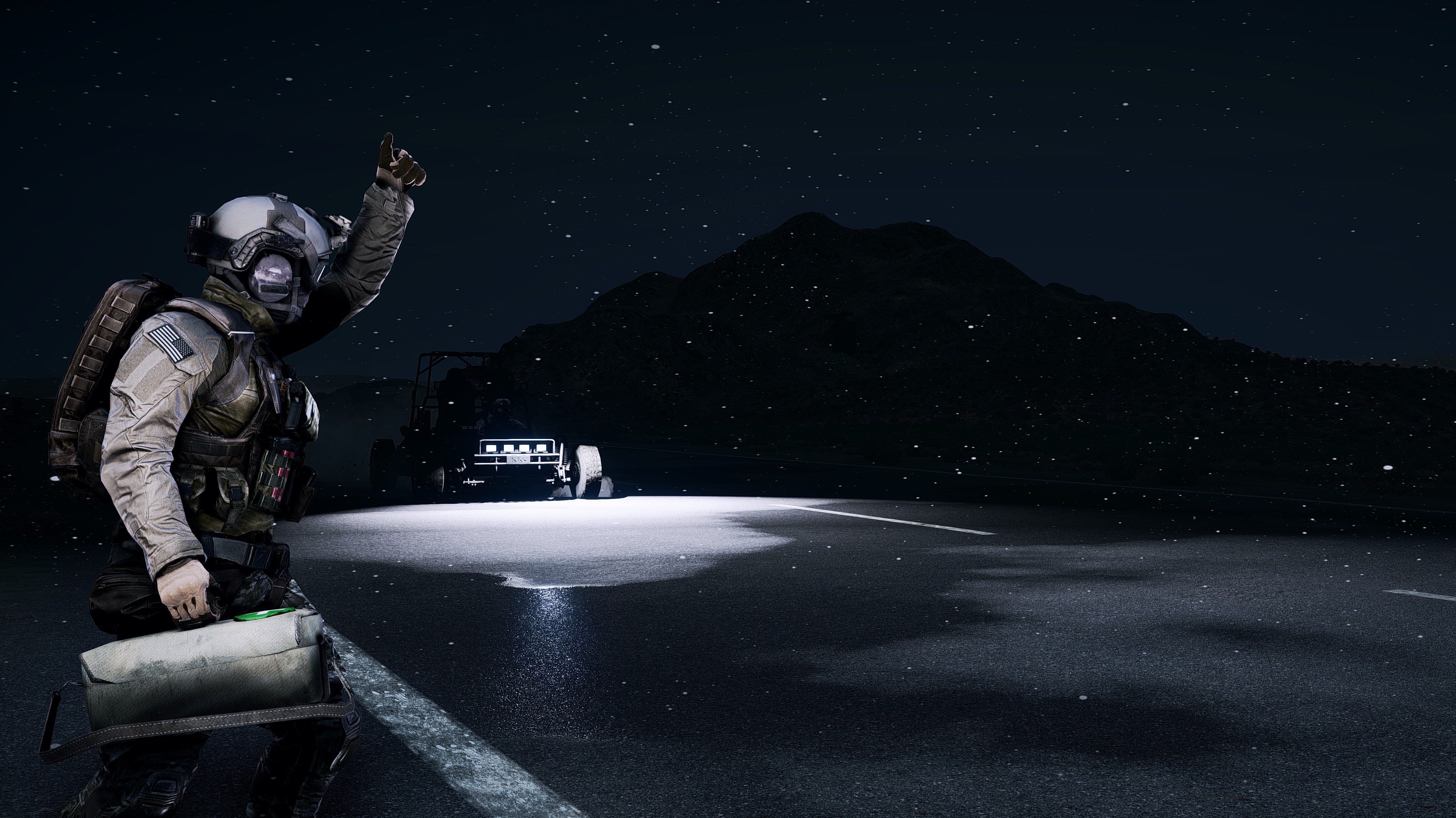 Soldier with a bag signaling near a vehicle at night HD Wallpaper