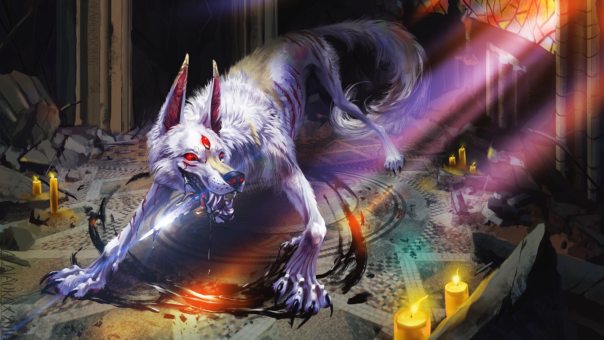 Demonic wolf with glowing eyes in a ruined temple HD Wallpaper