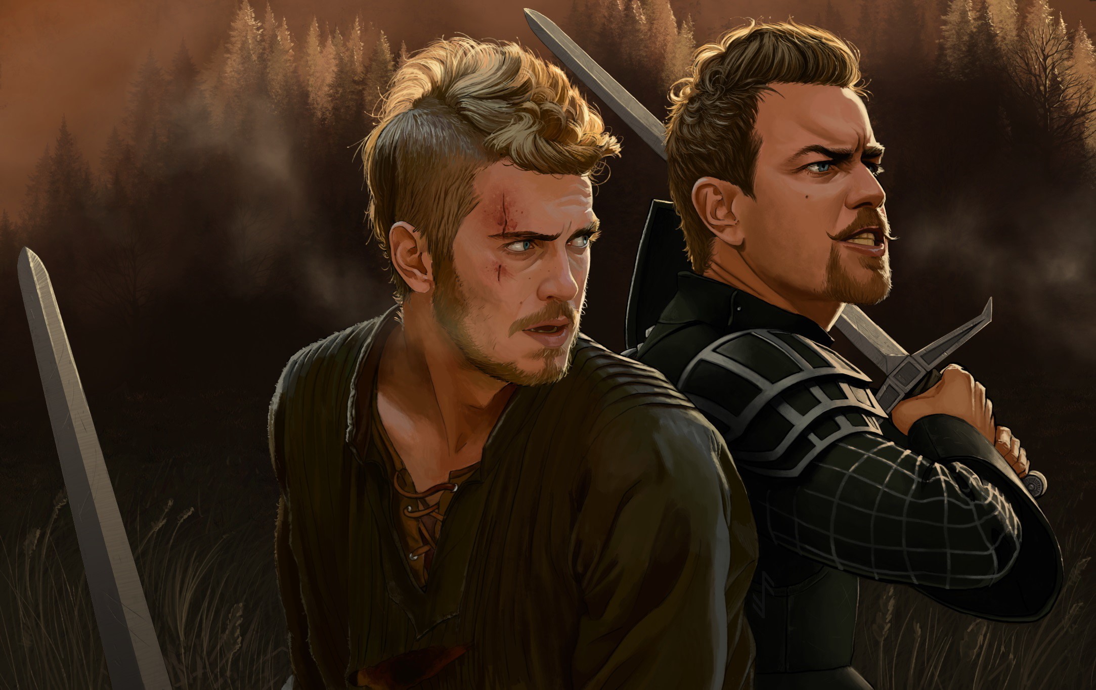 Two warriors with swords in a forest HD Wallpaper