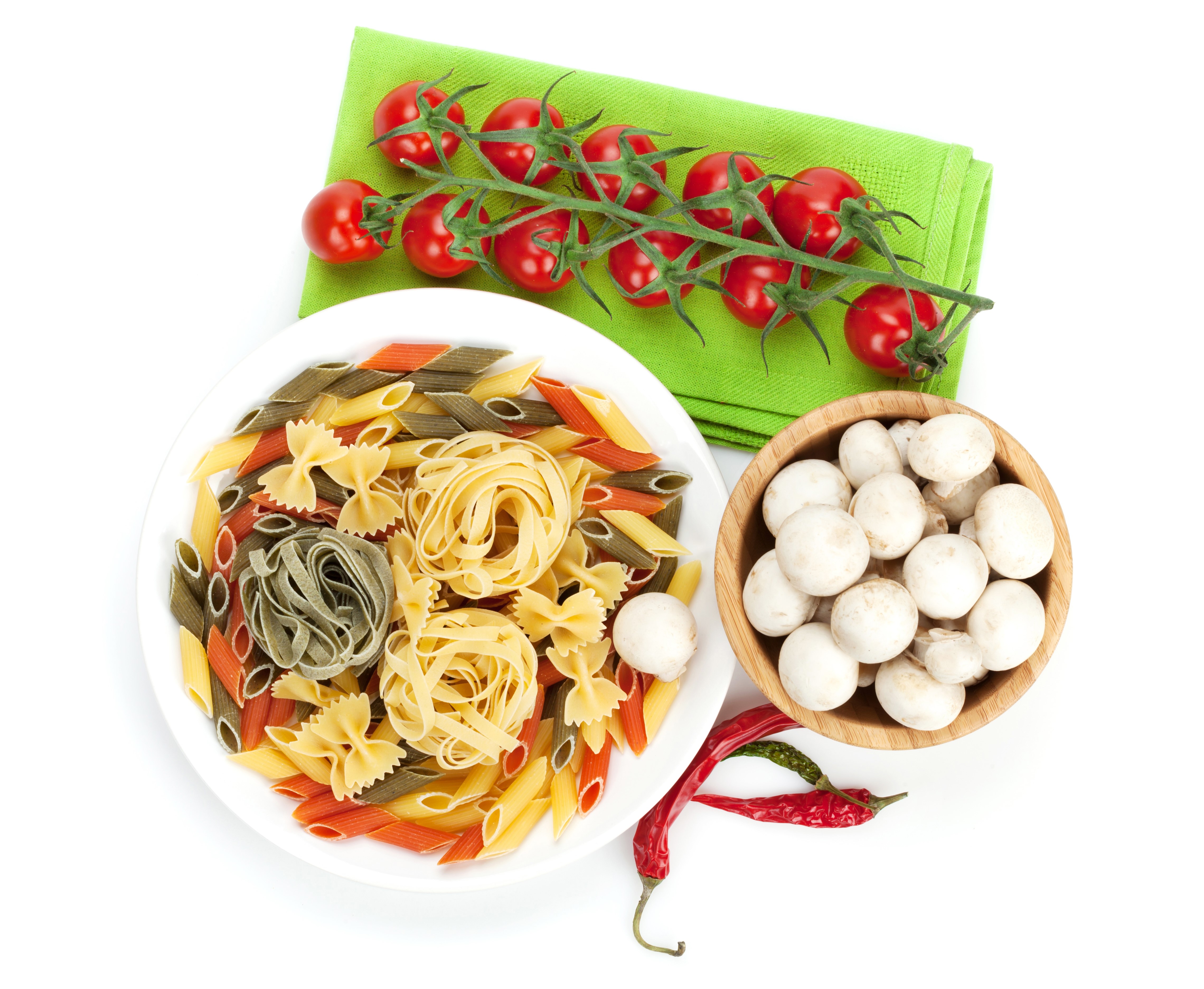 4K Ingredients for Pasta Dish: Tomatoes, Mushrooms, Pasta, Chili Peppers HD Wallpaper