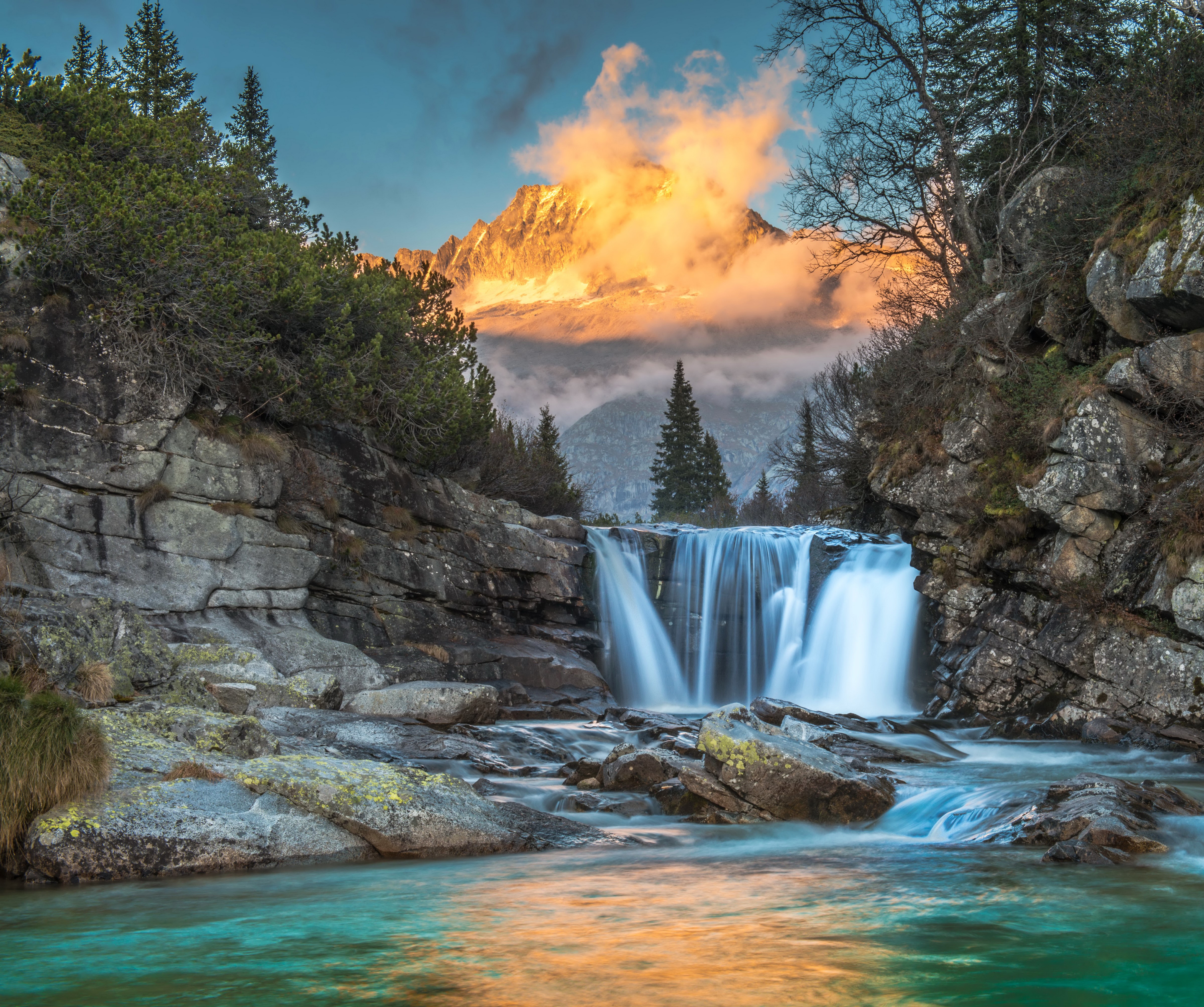 4K Waterfall and Mountain Scenery HD Wallpaper