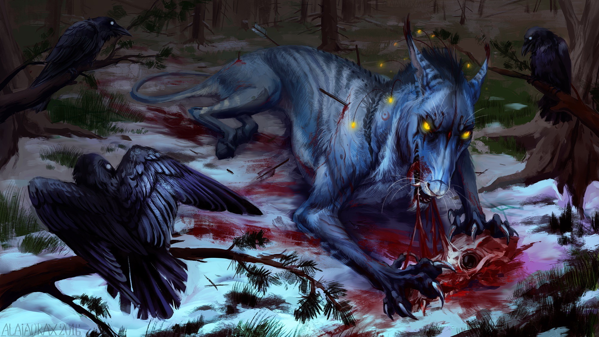 Monster and Crows in a Snowy Forest HD Wallpaper