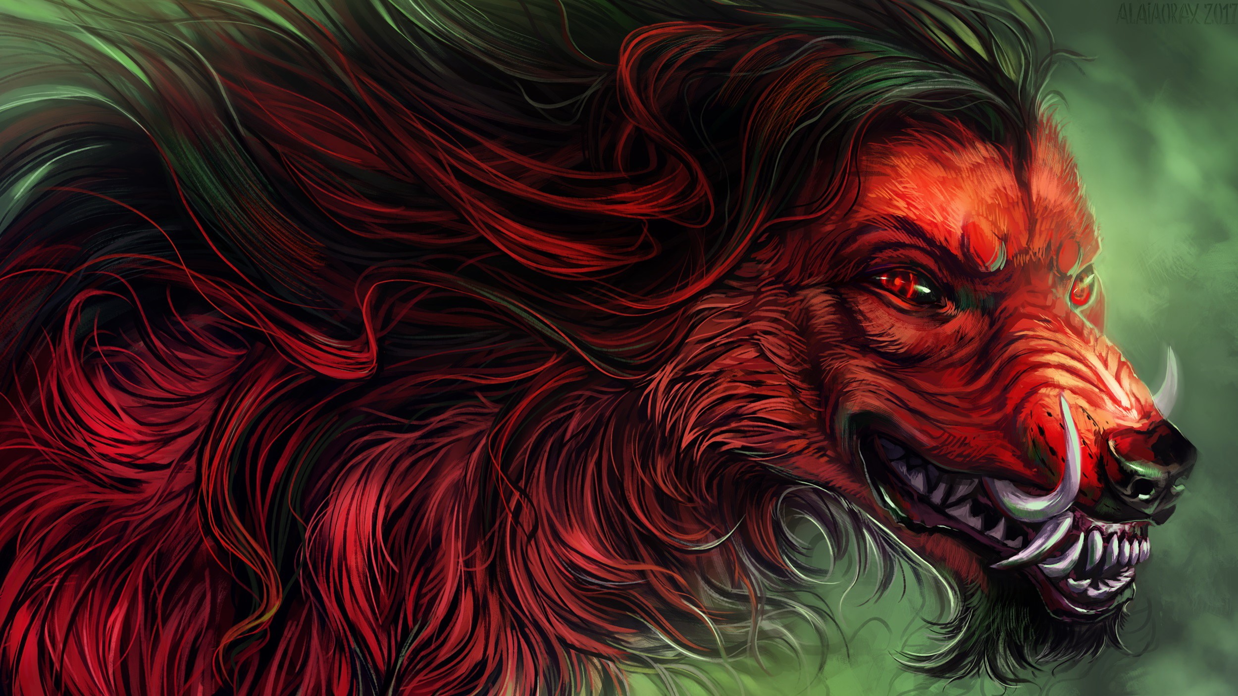 Red monster with tusks and glowing eyes HD Wallpaper