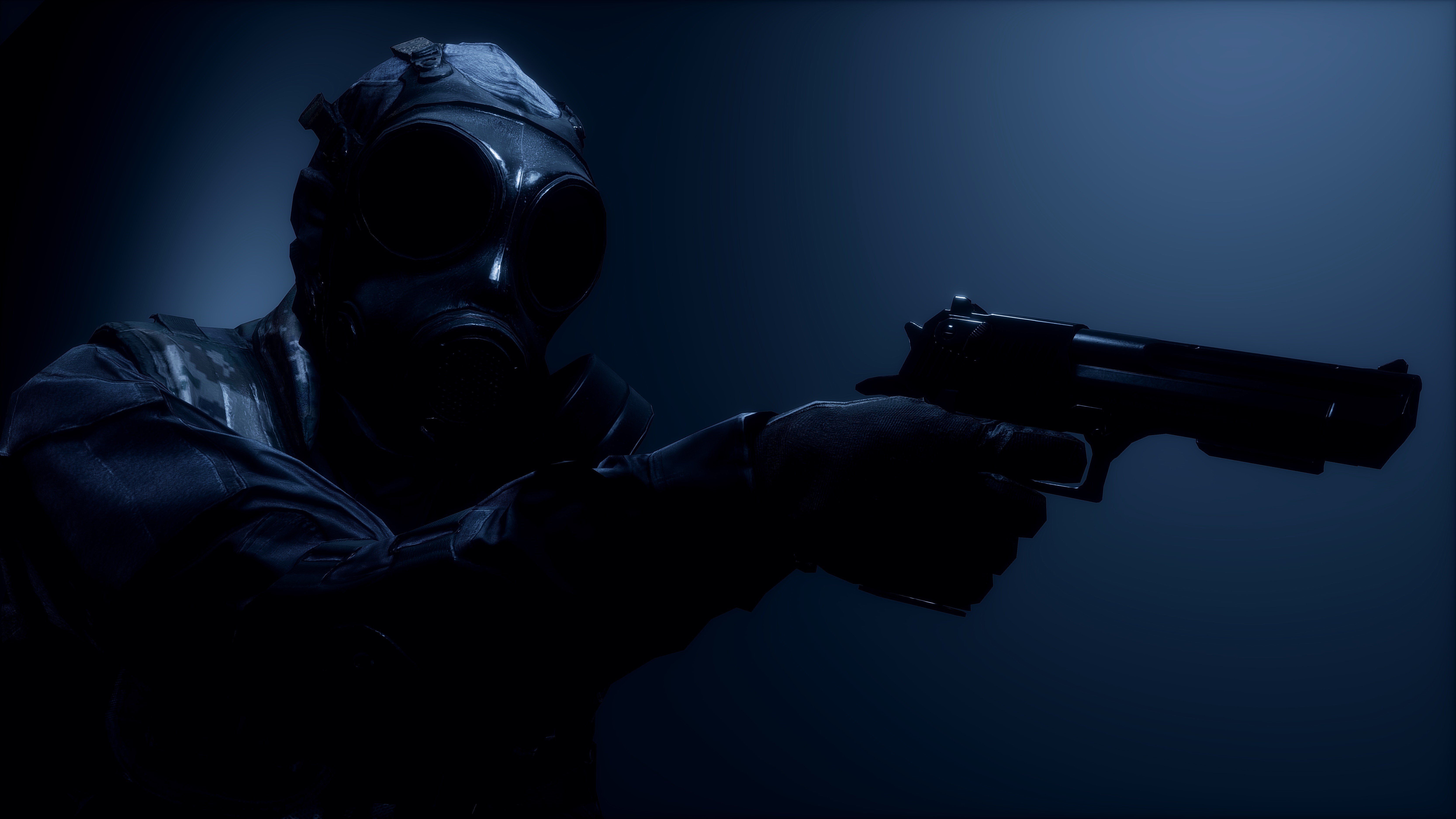 Soldier in gas mask holding a pistol HD Wallpaper