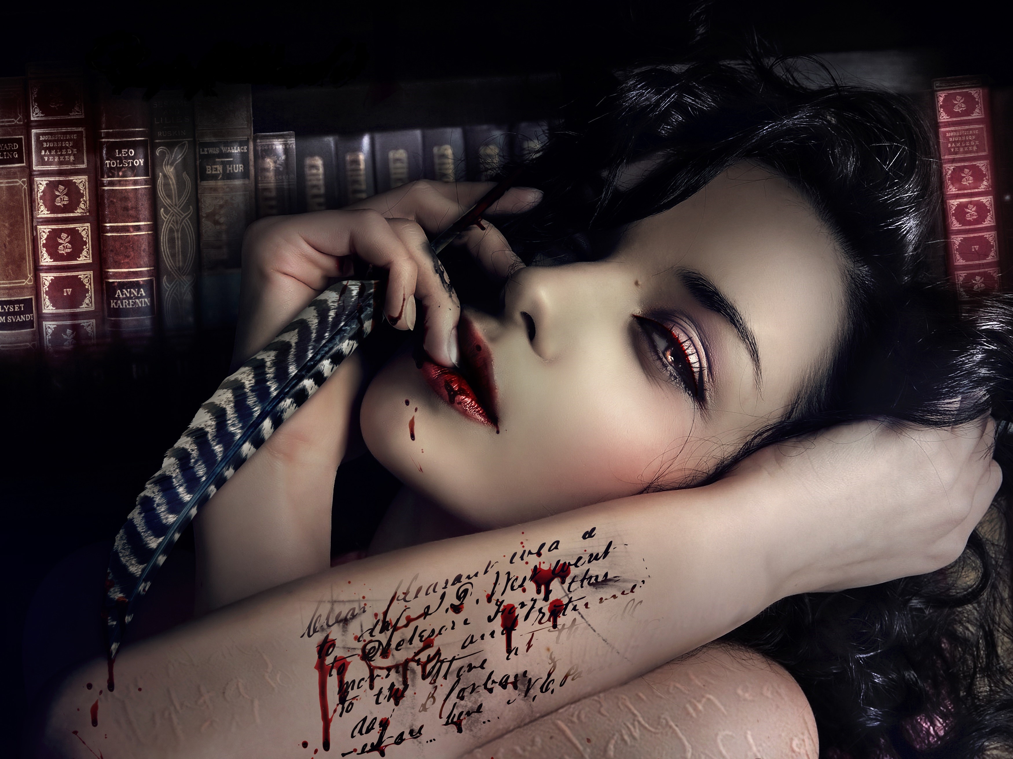 Gothic Fantasy Brunette Girl with Feather and Tattoo HD Wallpaper