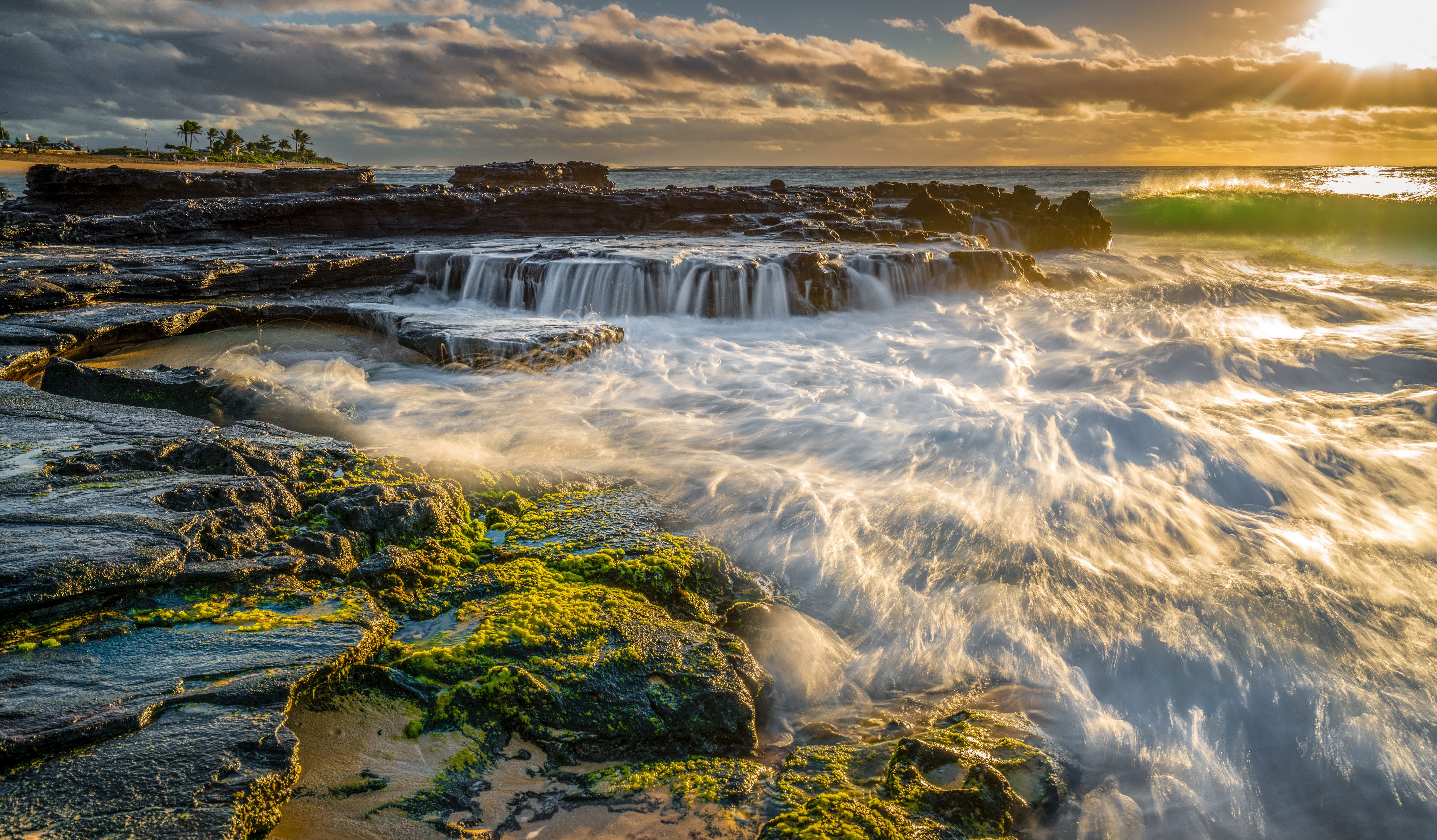 Hawaii Ocean Waves Crashing on Mossy Rocks at Sunset HD Wallpaper