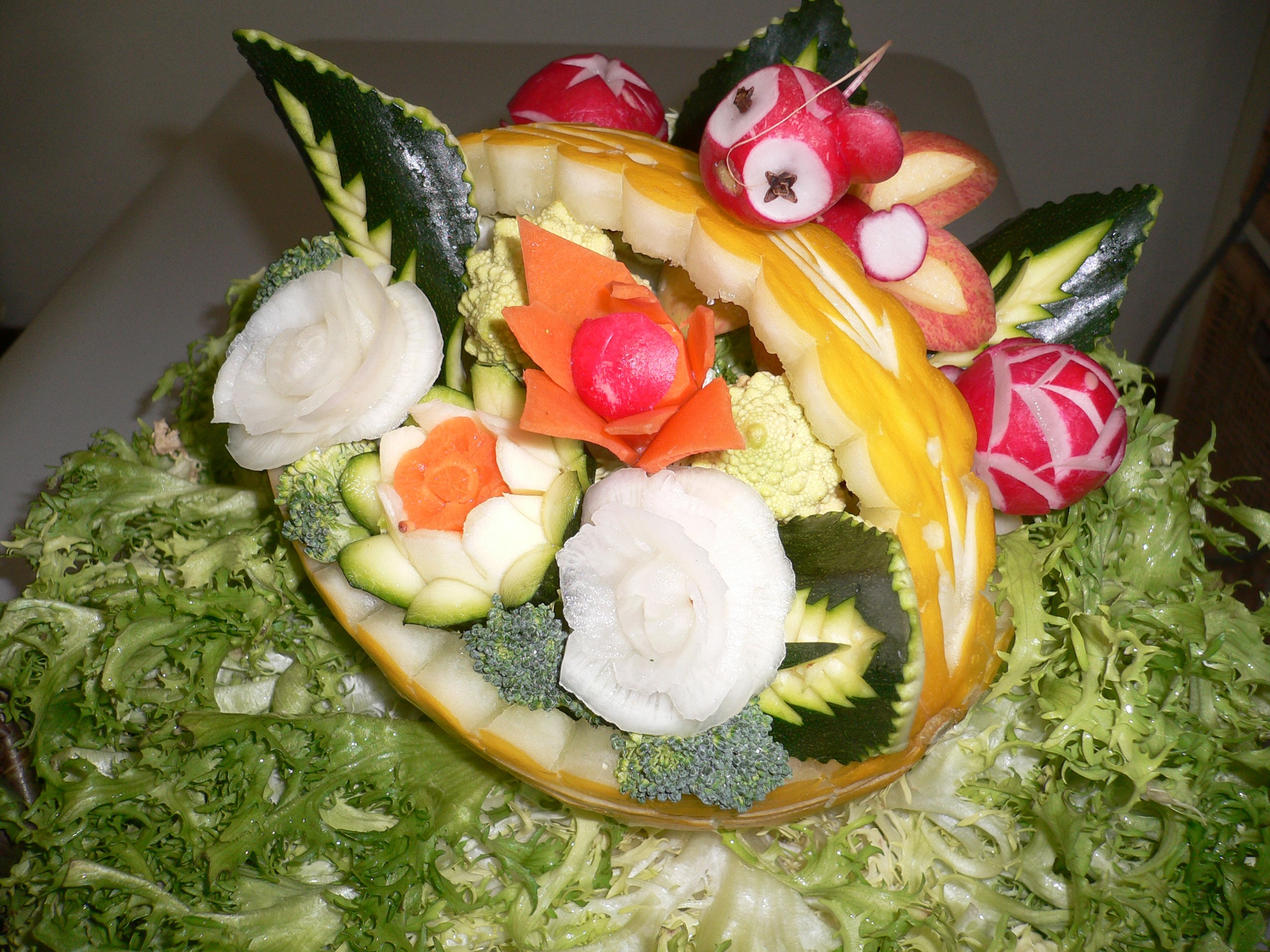 Carved vegetables and fruits arranged in a basket design HD Wallpaper