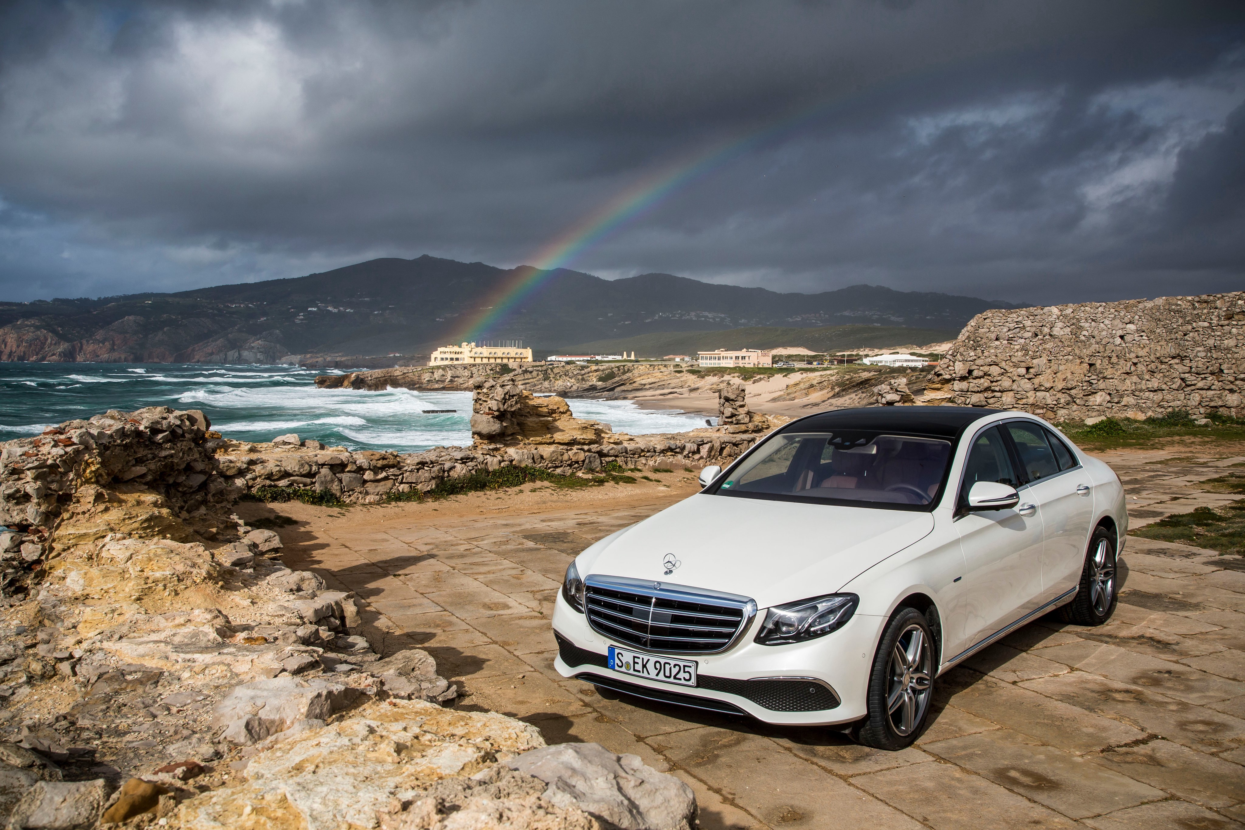 4K Mercedes-Benz E-Class W213 on a Coast with Rainbow HD Wallpaper
