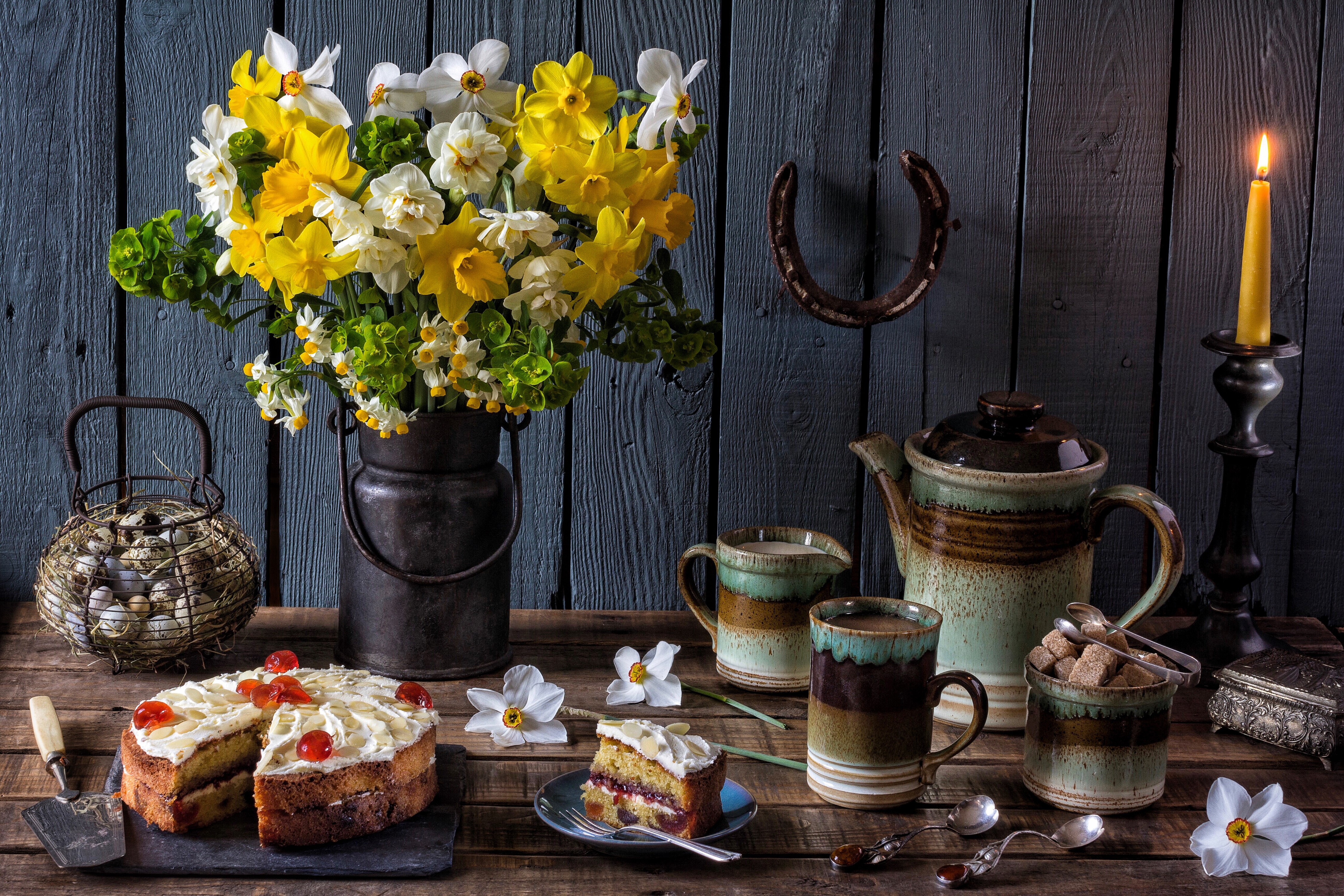 Still-life with daffodils, cake, and tea set HD Wallpaper