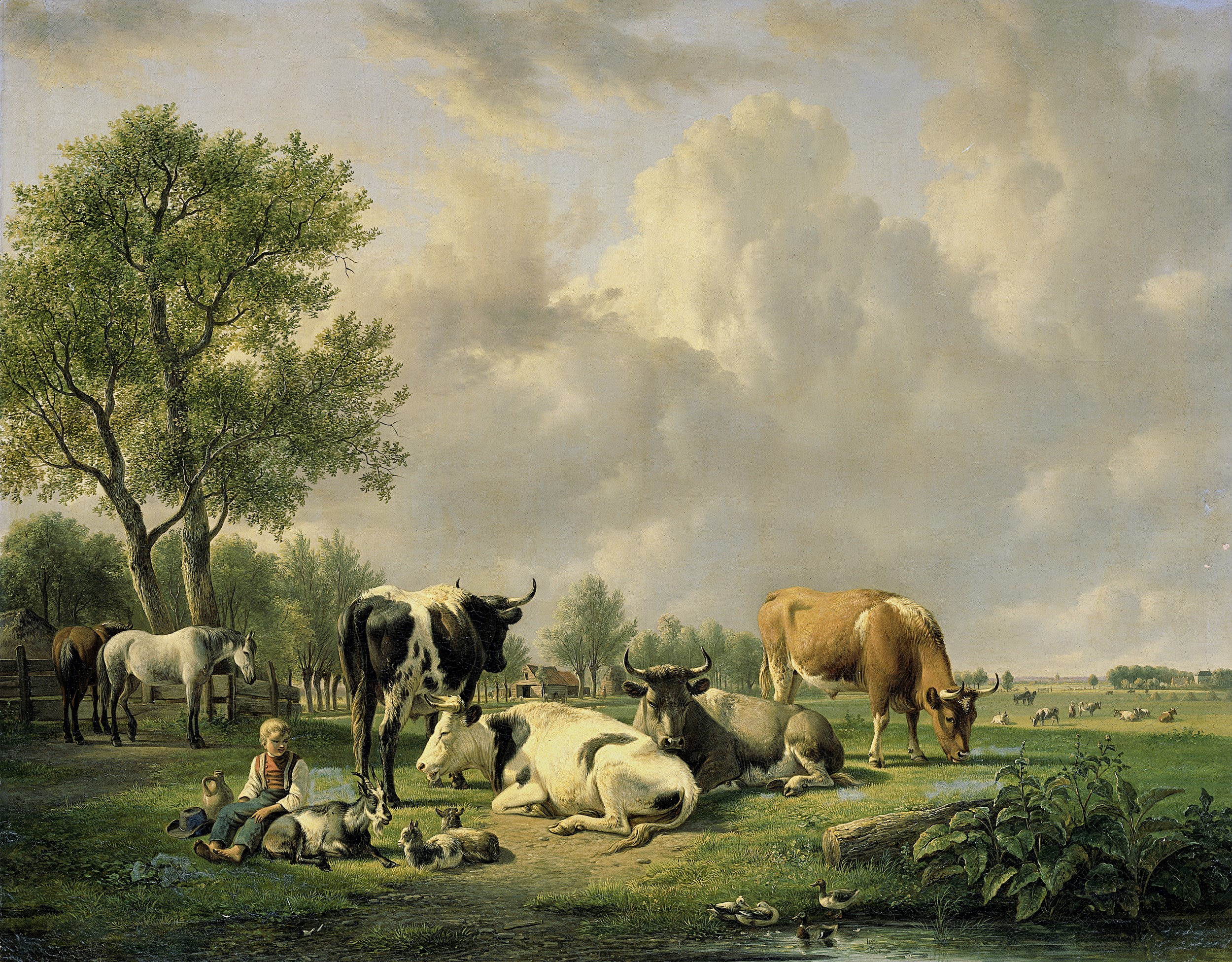 Meadow with cattle and a boy by Jan van Ravenswaay HD Wallpaper