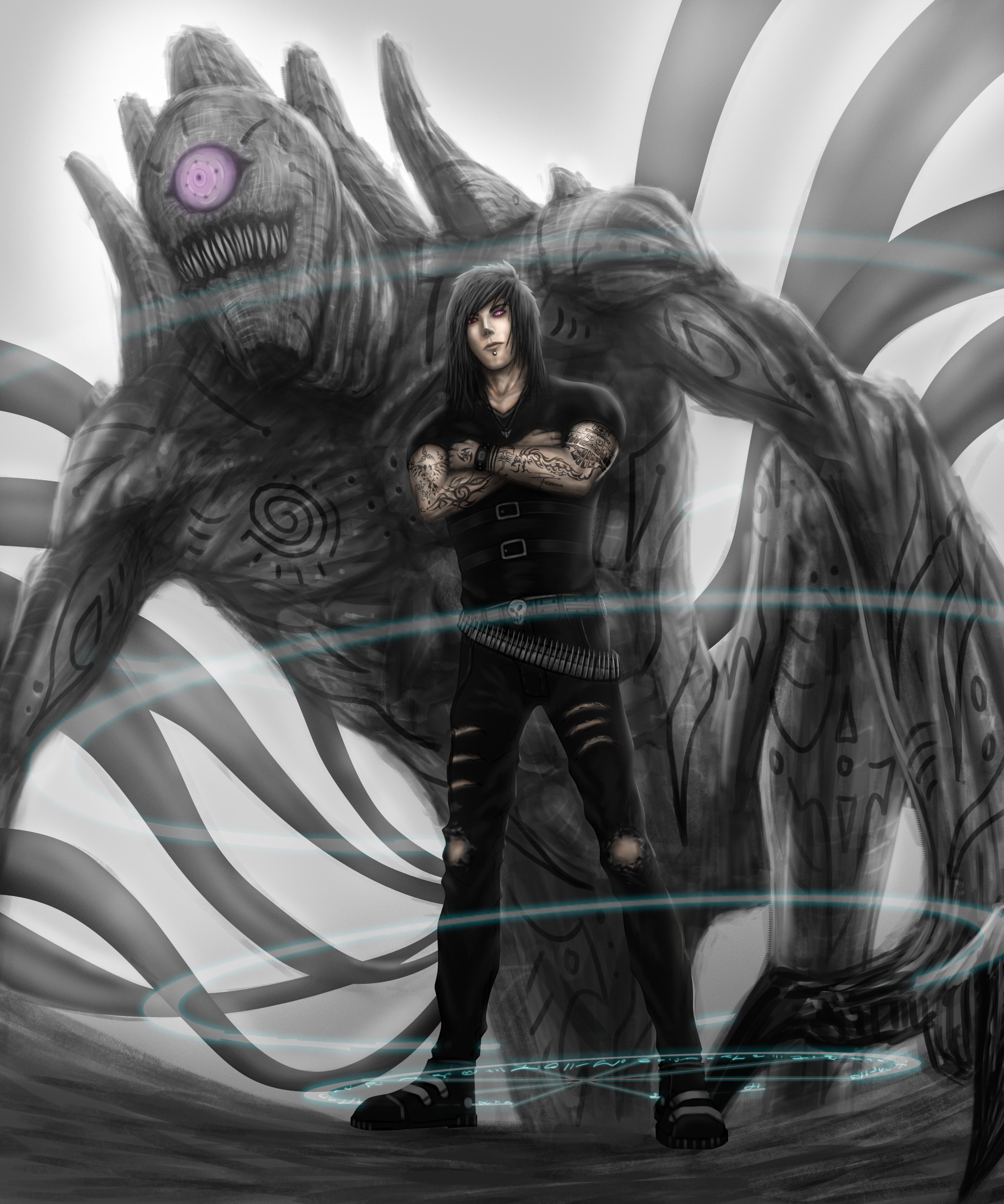 Man with a giant monster behind him HD Wallpaper