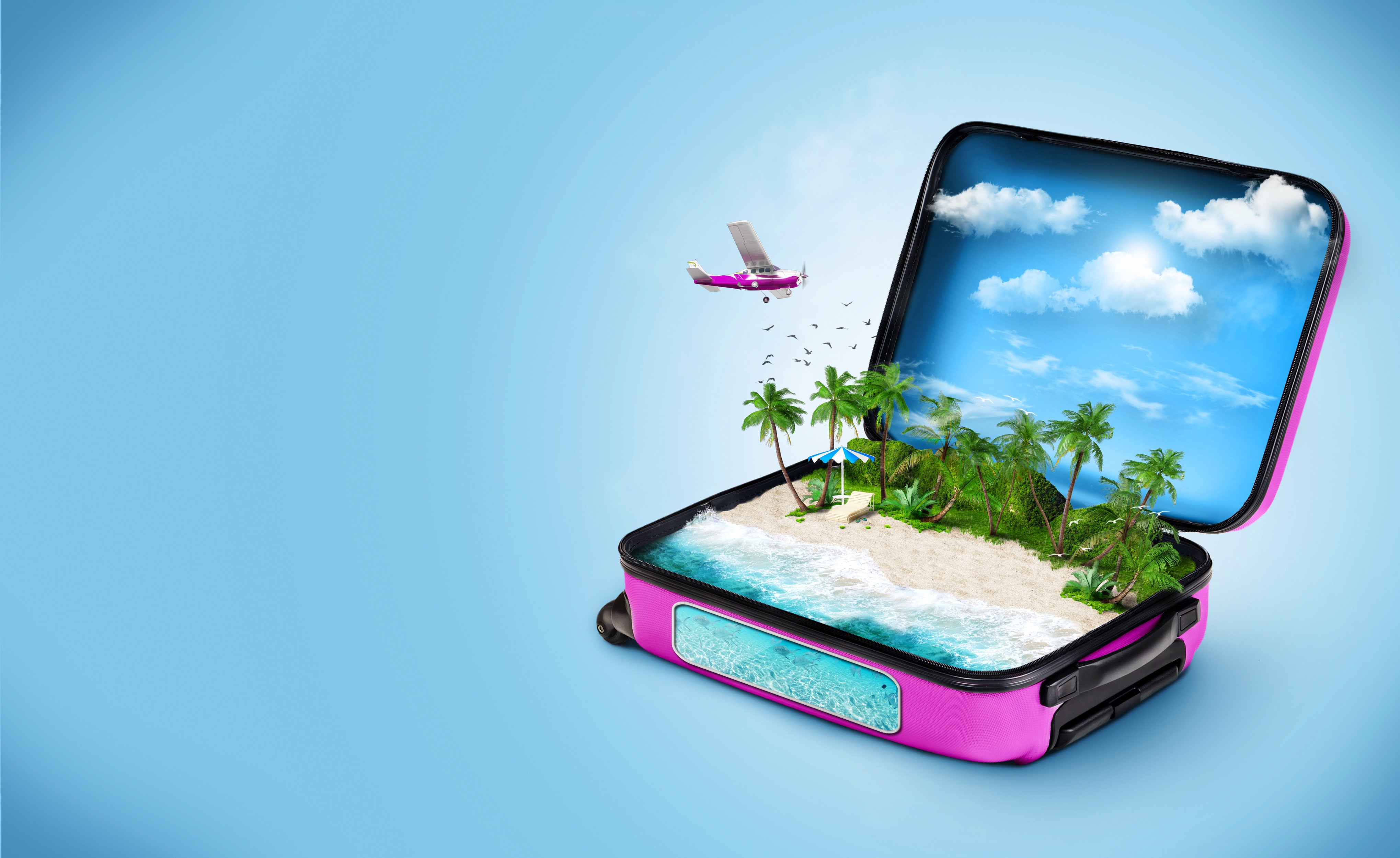 Suitcase with tropical island and airplane HD Wallpaper