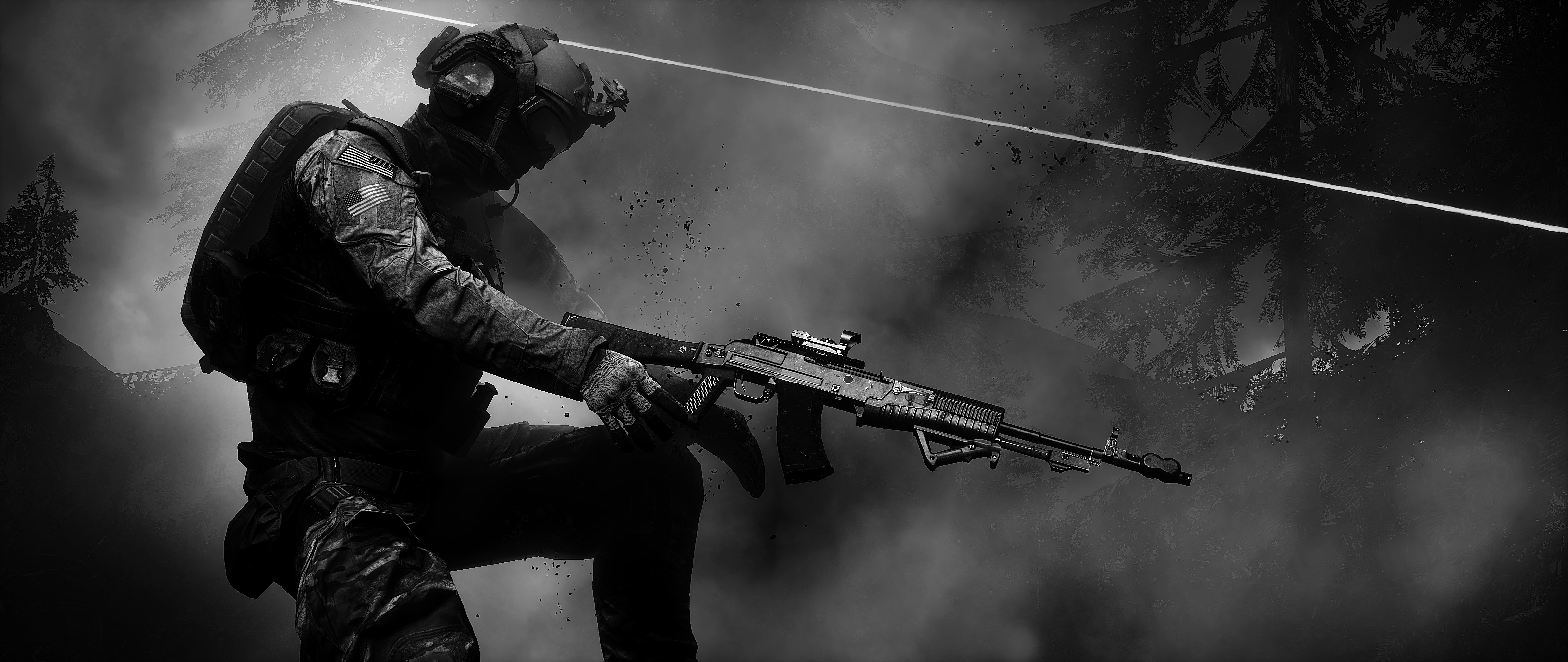 Soldier with Assault Rifle in Black and White HD Wallpaper