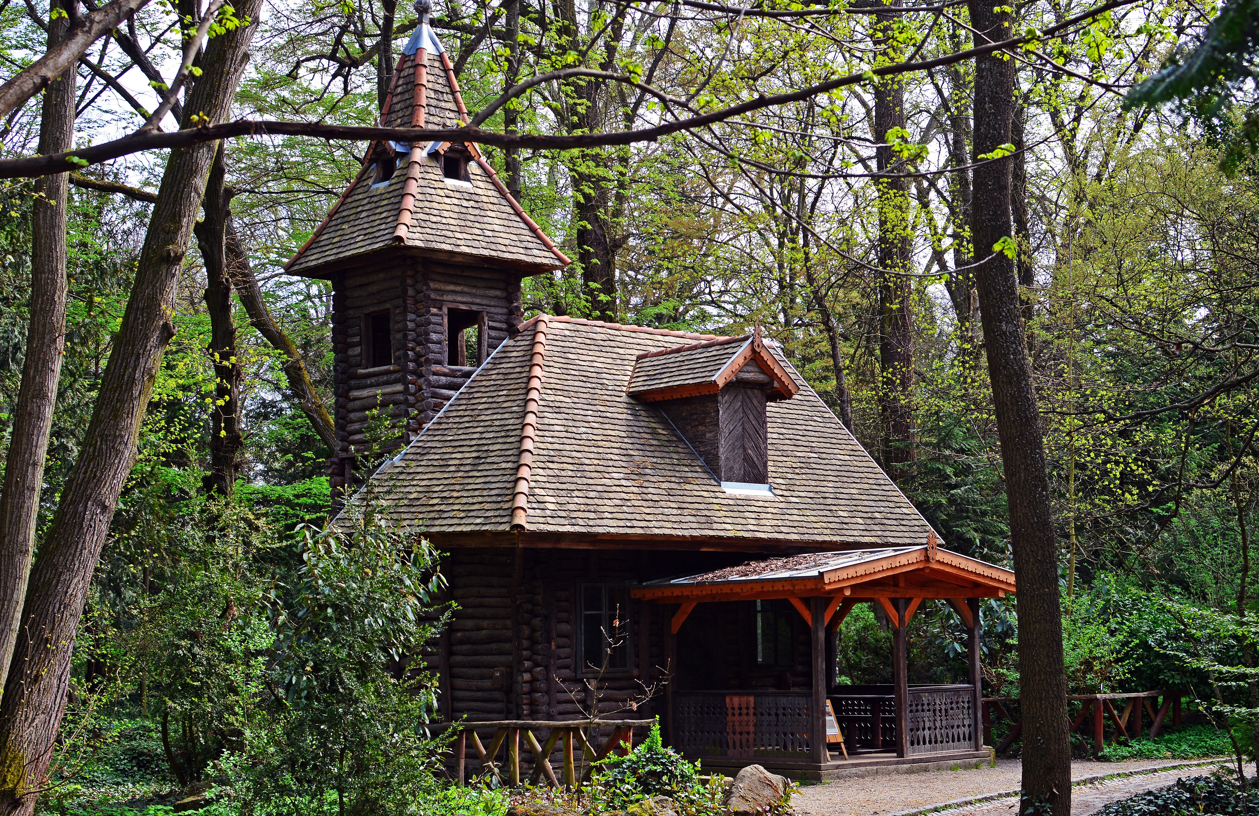 Wooden house with tower in a forest, Hungary HD Wallpaper
