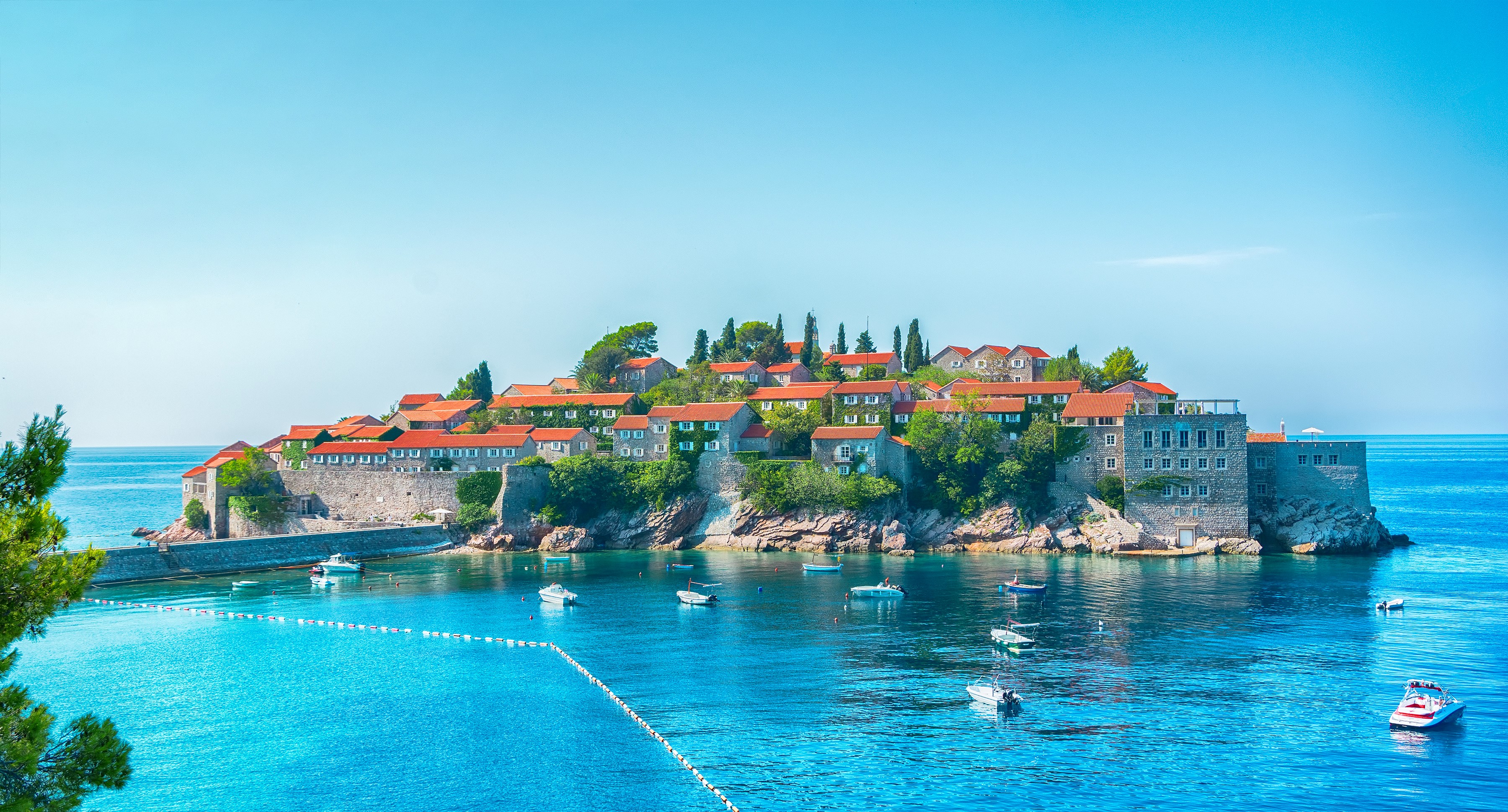 Sveti Stefan Island, Budva, Montenegro with Boats HD Wallpaper