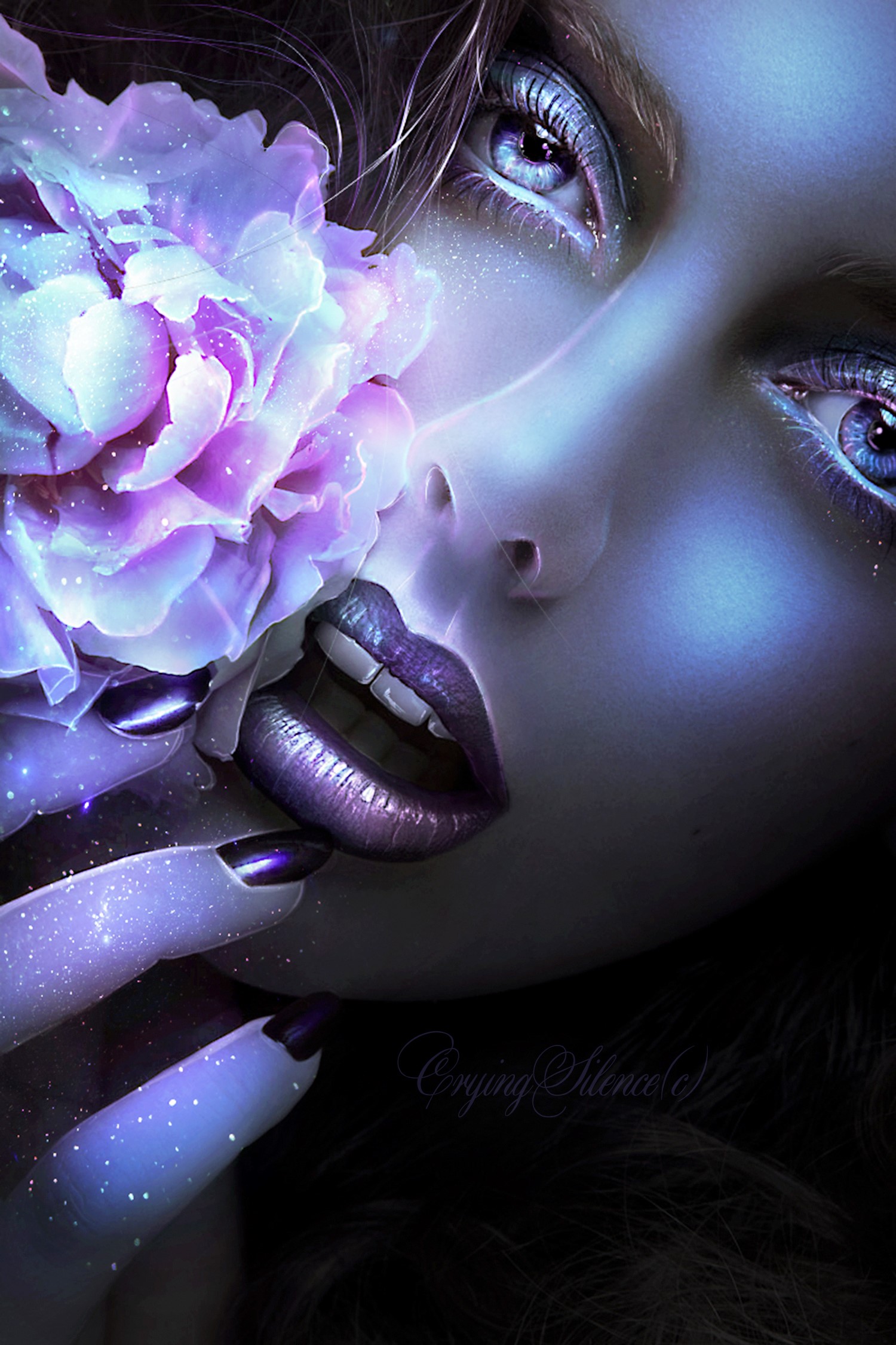 Woman with purple flower and glitter HD Phone Wallpaper