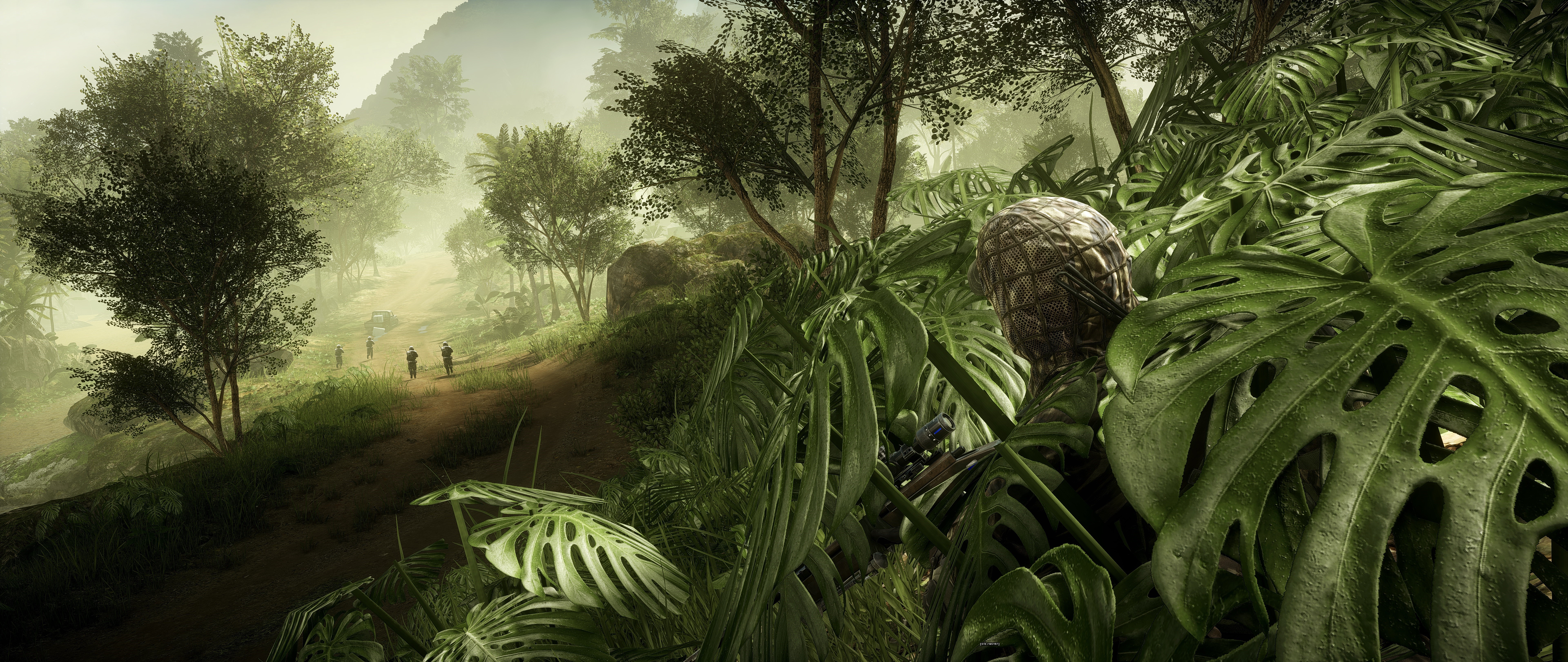 Soldier in camouflage in jungle with snipers in distance HD Wallpaper