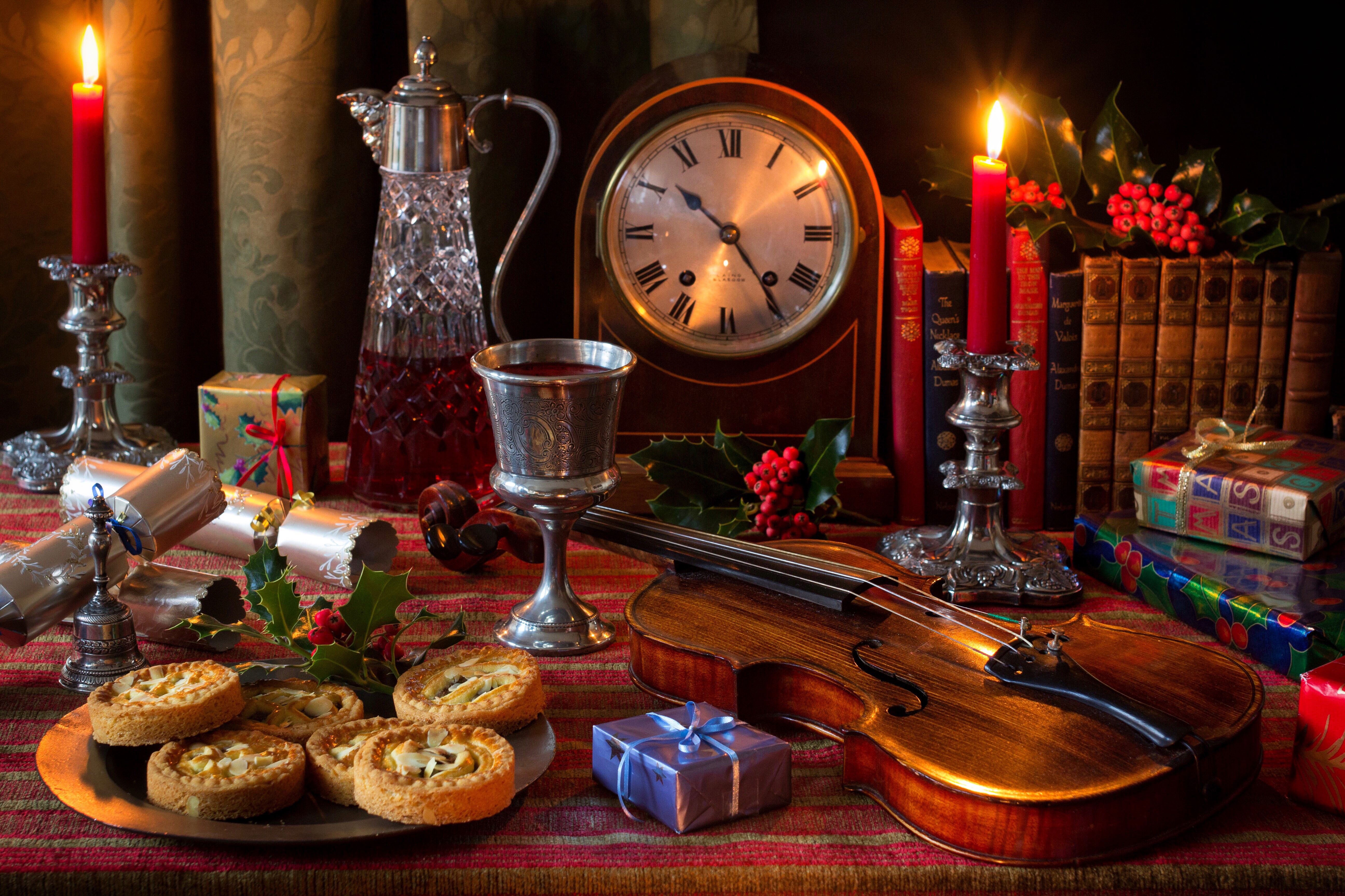 Christmas Still Life with Violin, Clock, and Gifts HD Wallpaper