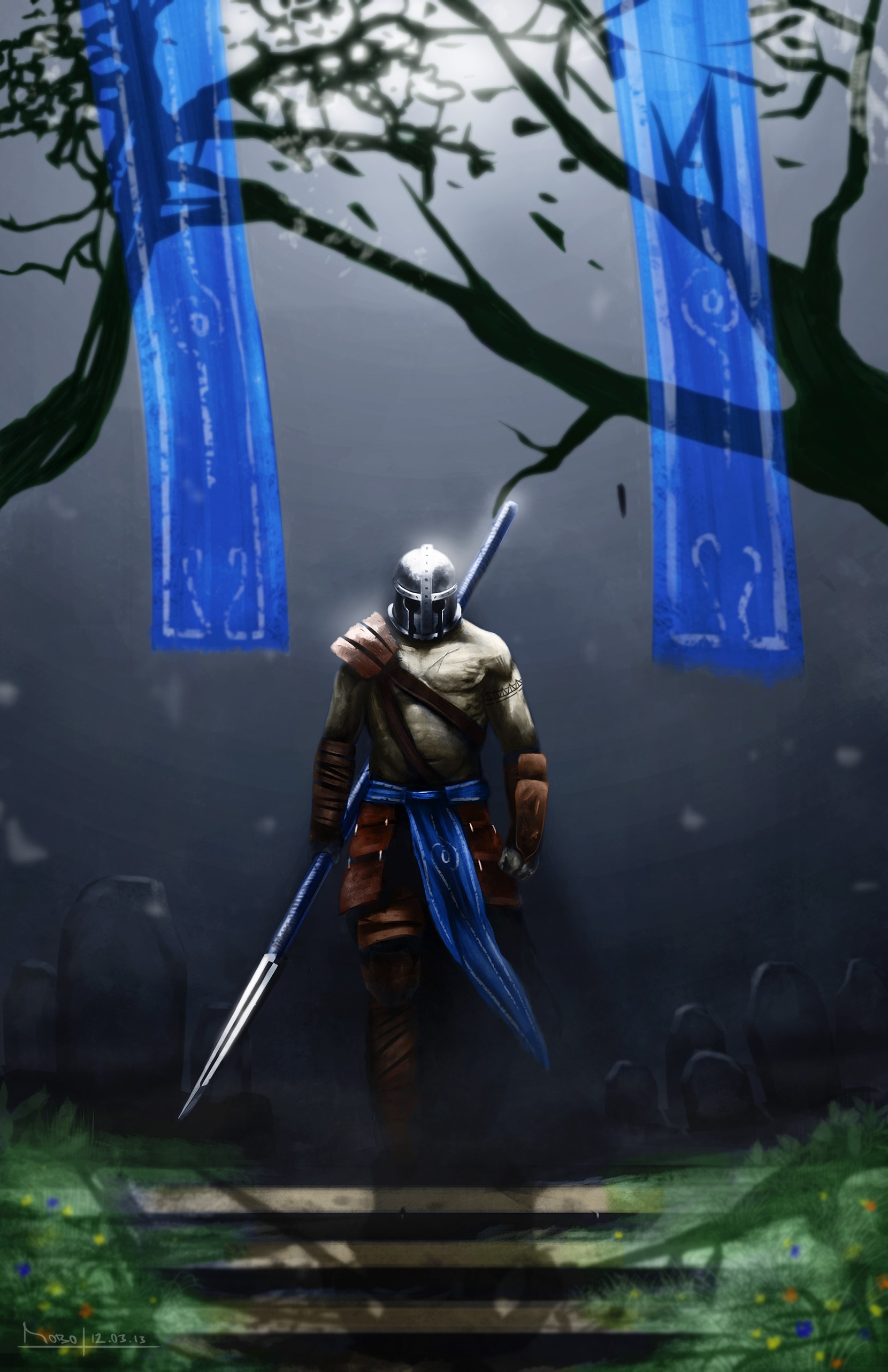 Warrior with spear and sword in a forest HD Phone Wallpaper
