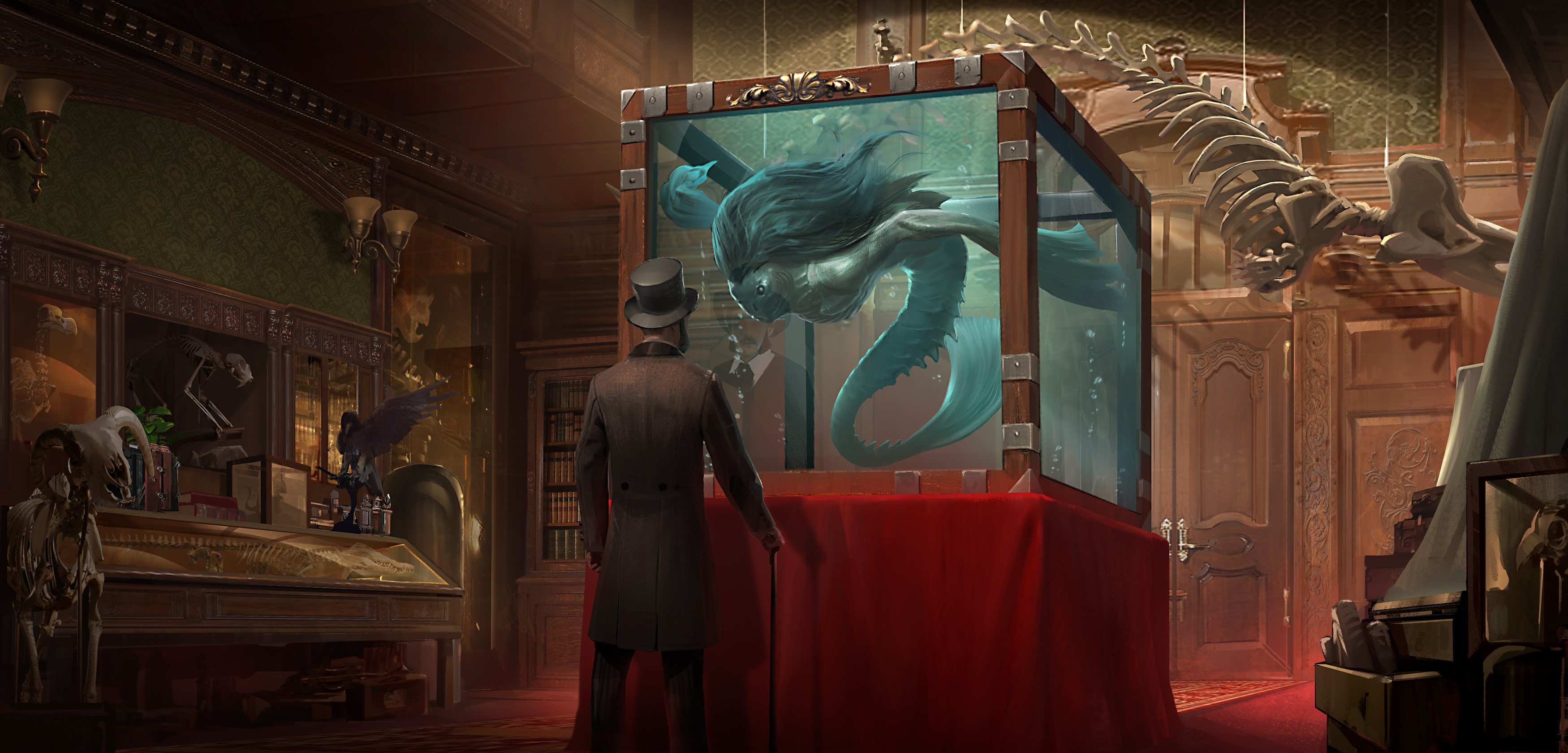 Man in top hat observes mermaid in museum tank HD Wallpaper