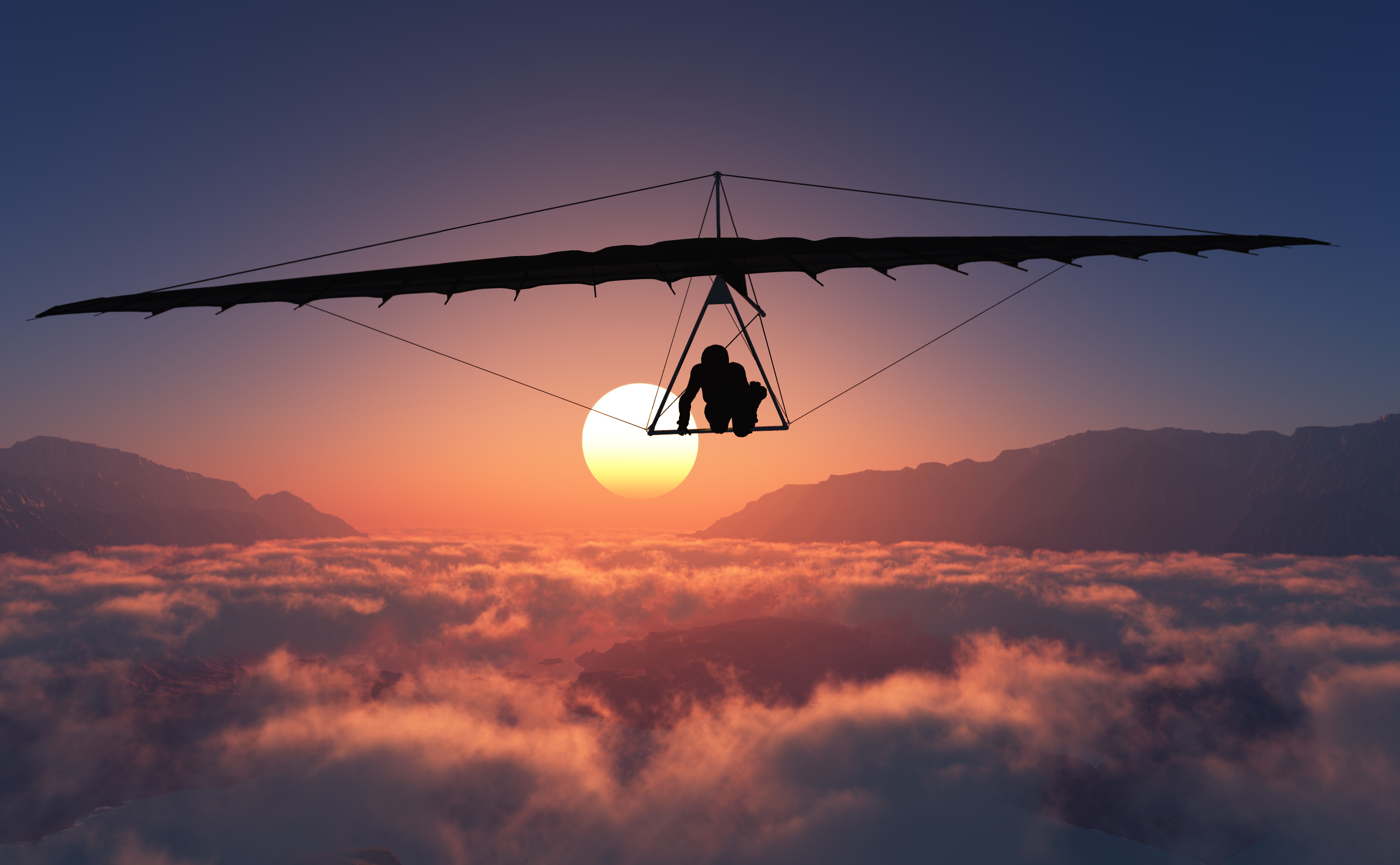 Hang gliding over clouds at sunset HD Wallpaper