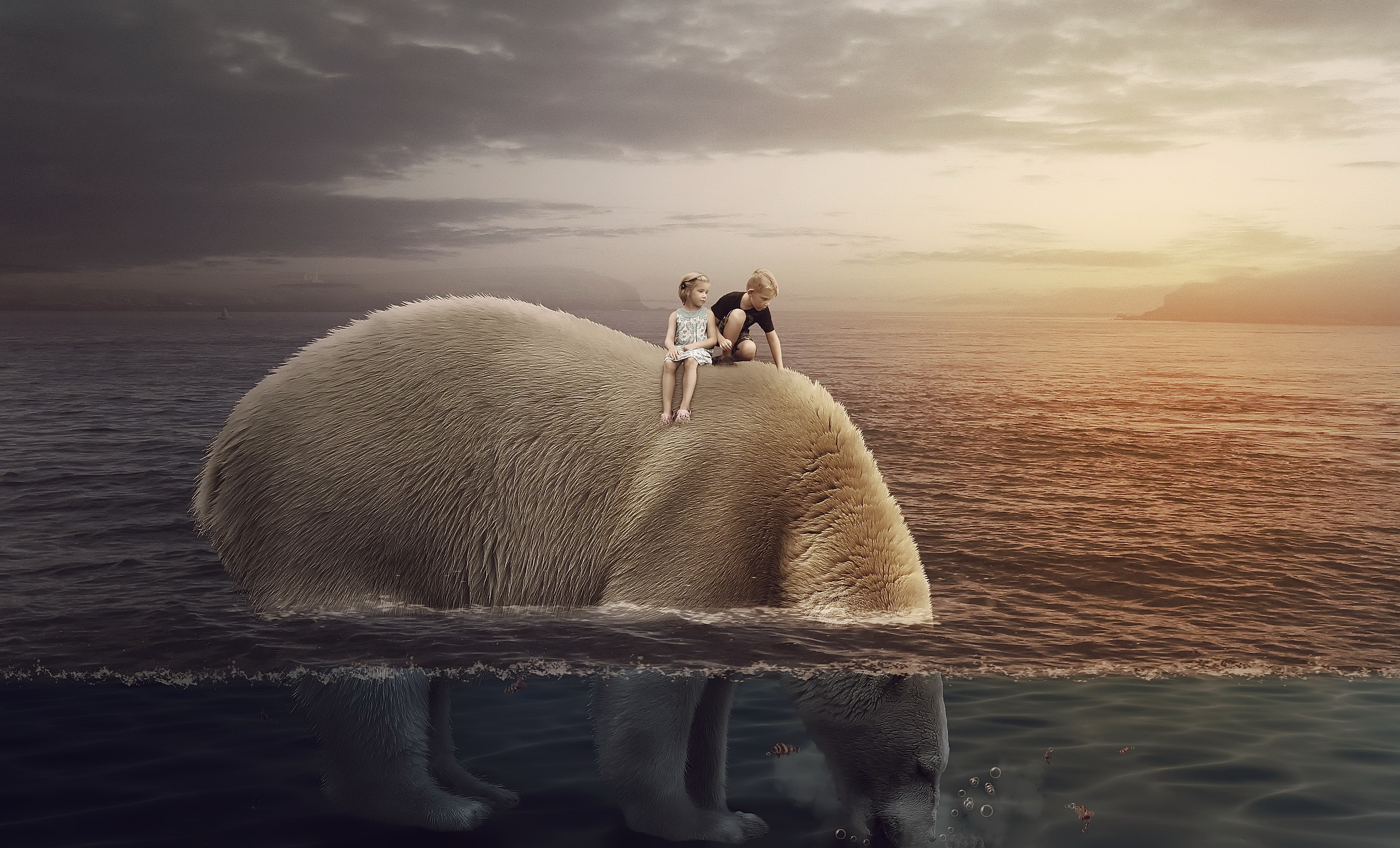 Children on a polar bear in the ocean HD Wallpaper