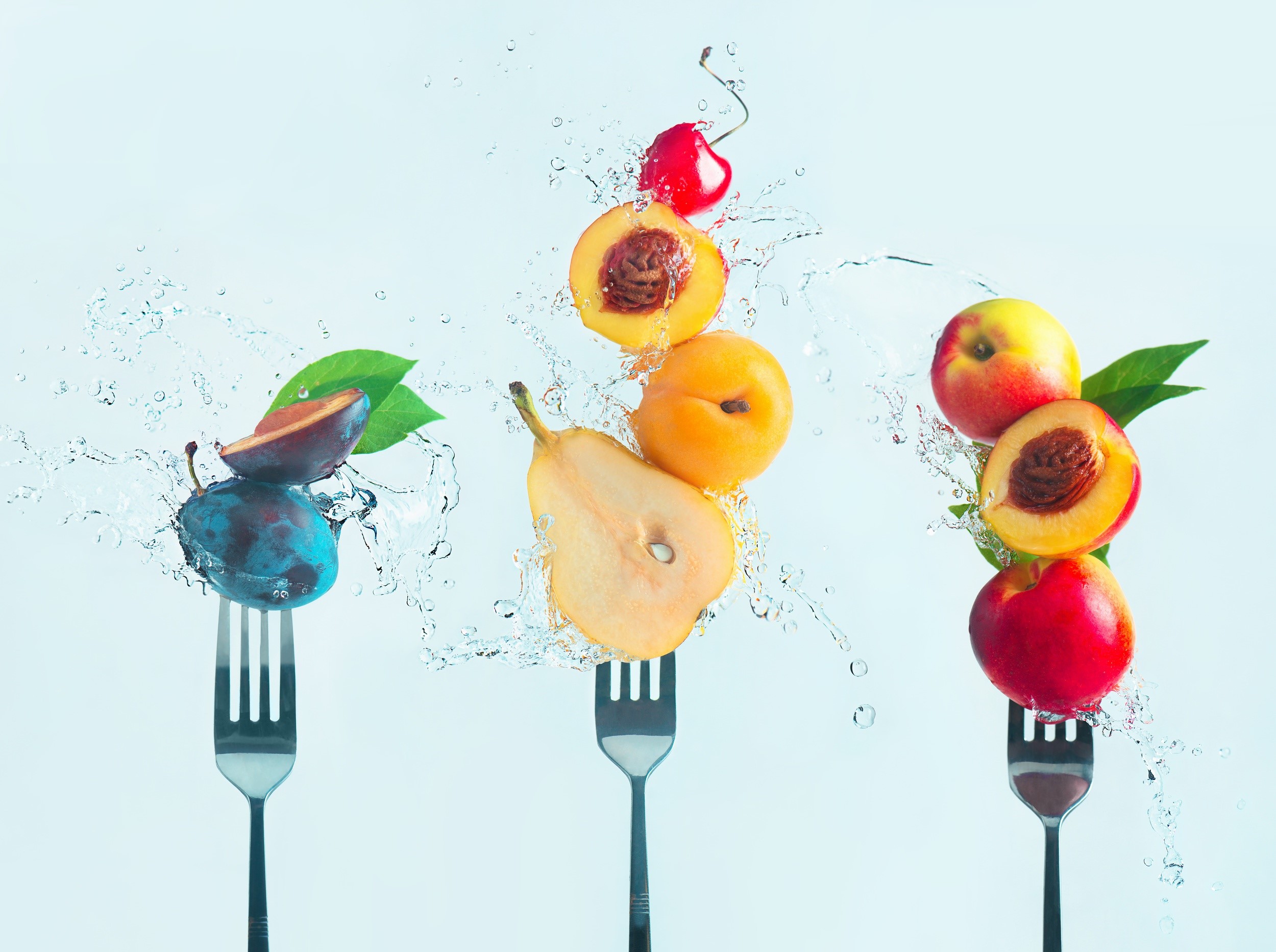 Fruits on Forks with Water Splash HD Wallpaper