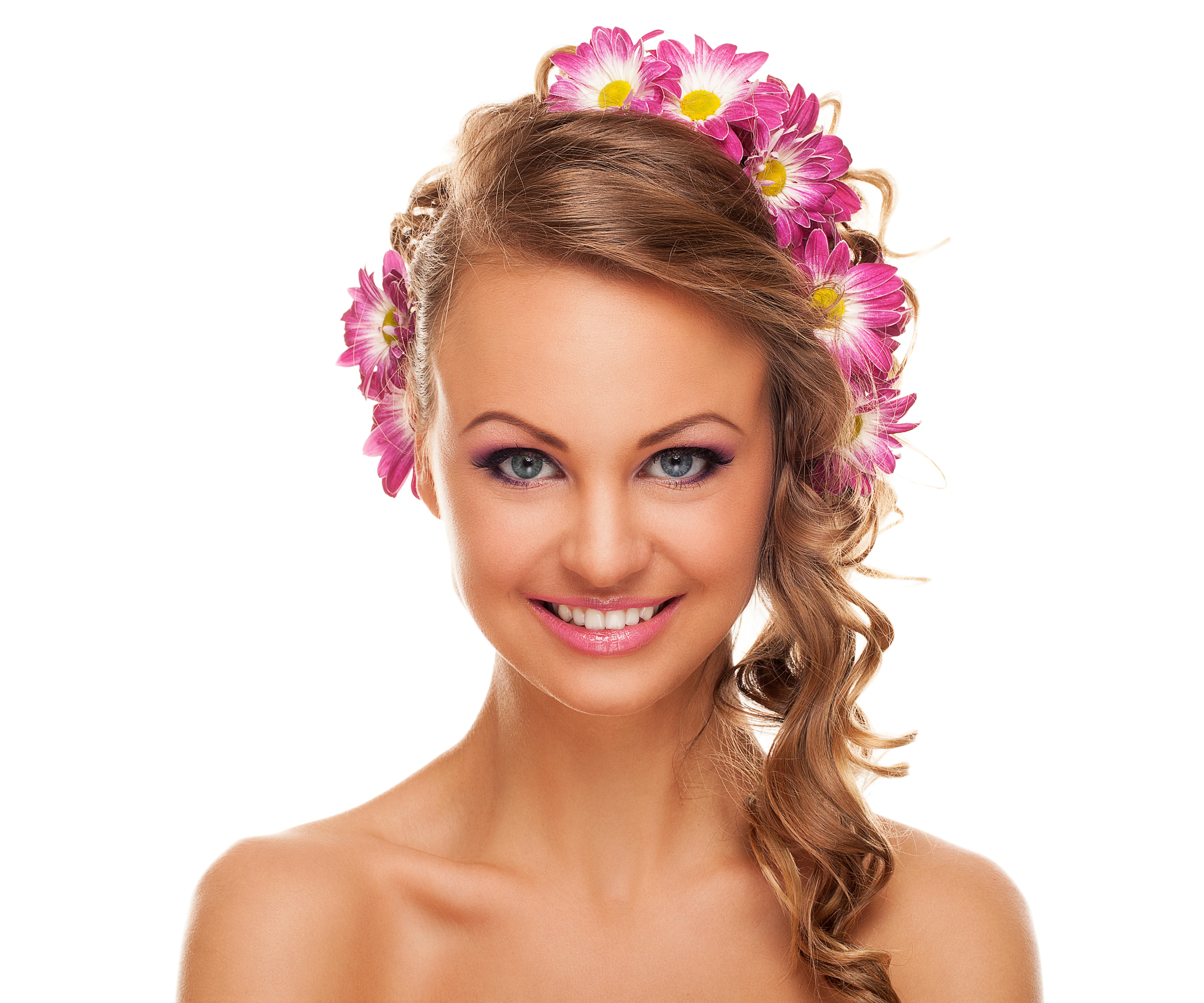 Woman with Chrysanthemums in her hair and makeup HD Wallpaper