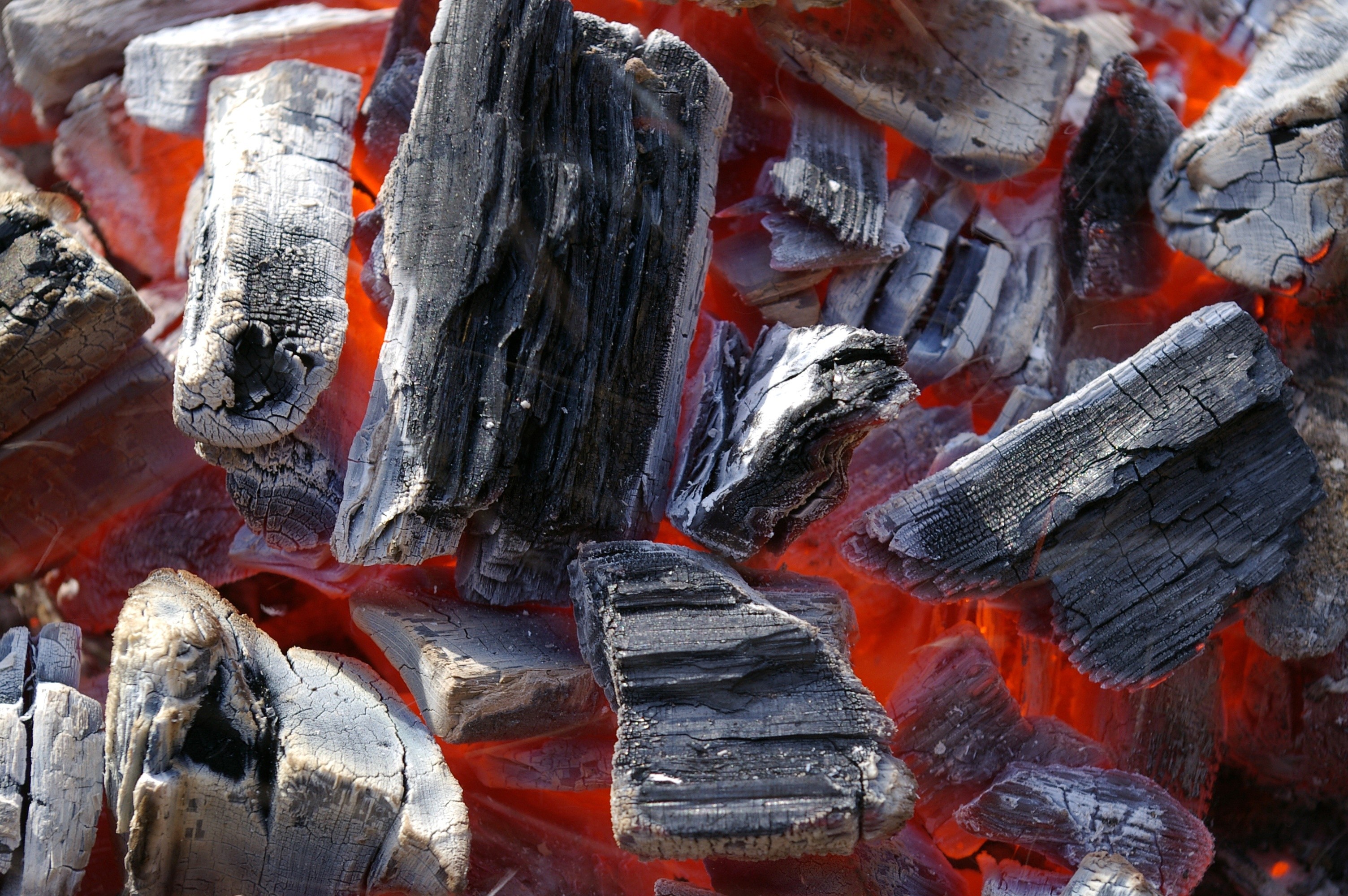 Closeup of smoldering coals and burnt wood HD Wallpaper
