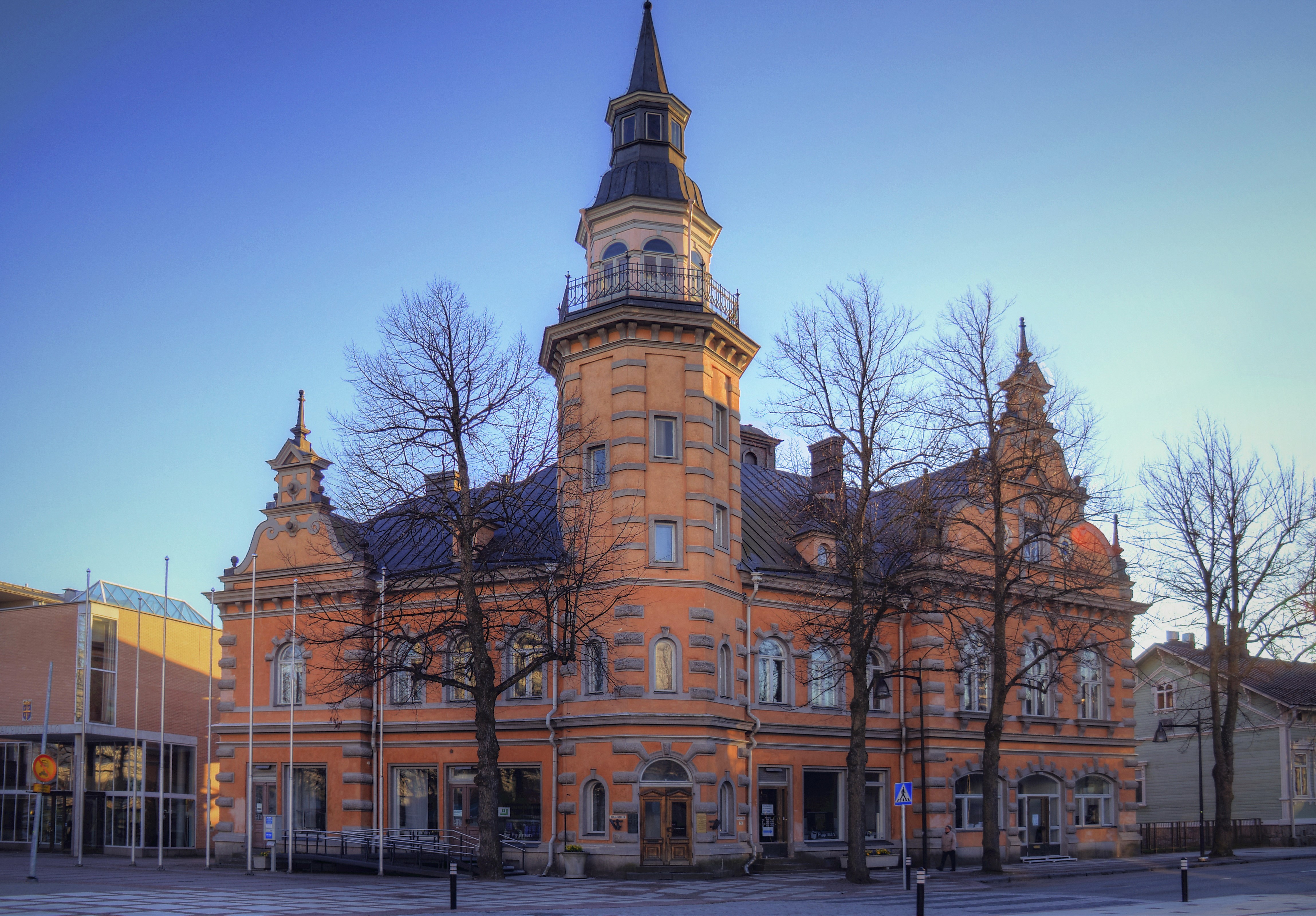 Orange building with tower in Rauma, Finland HD Wallpaper