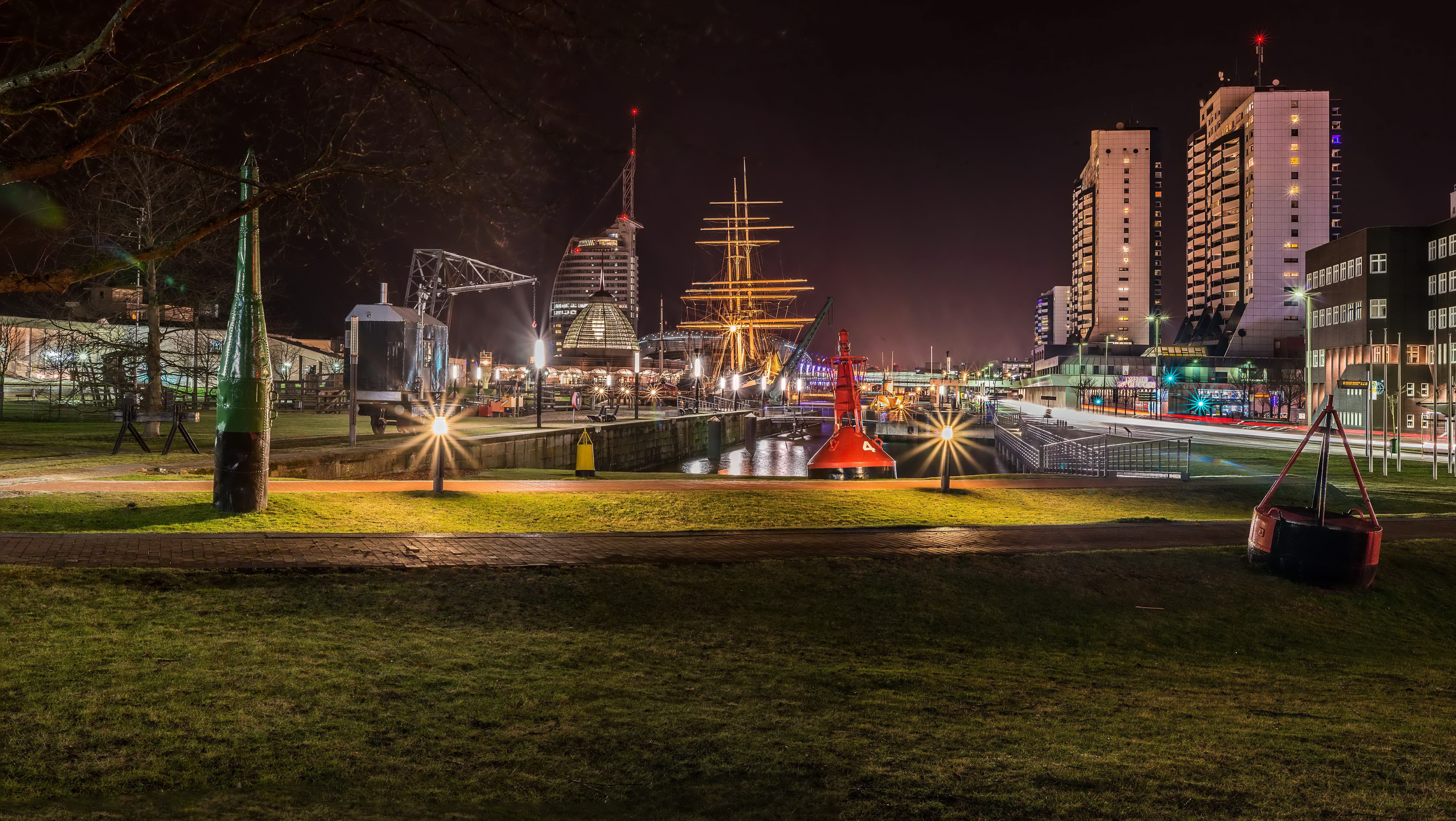 Bremerhaven Germany Marinas at Night HD Wallpaper